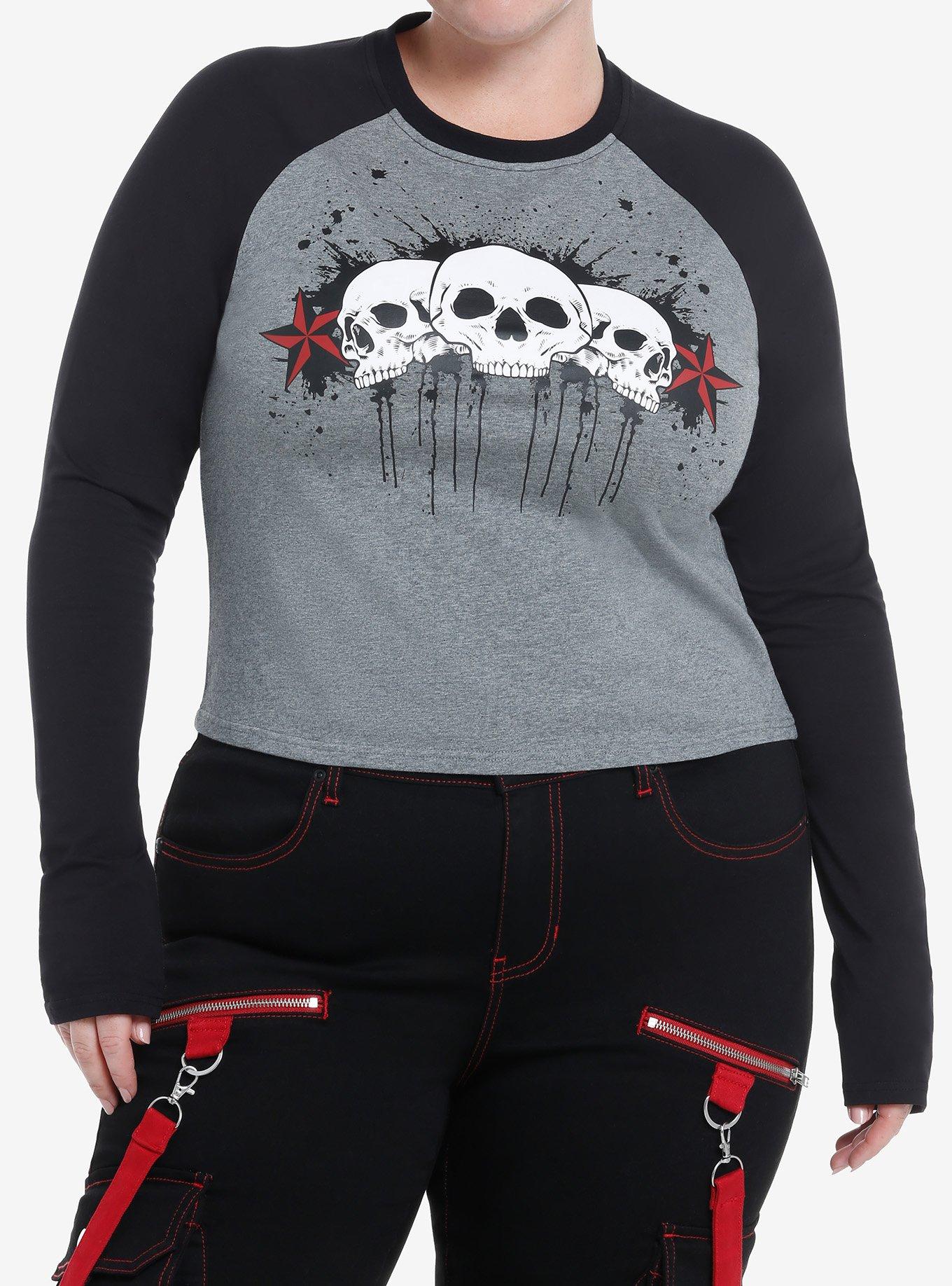 Social Collision Skulls & Stars Girls Raglan Long-Sleeve Top Plus Size, GREY, hi-res