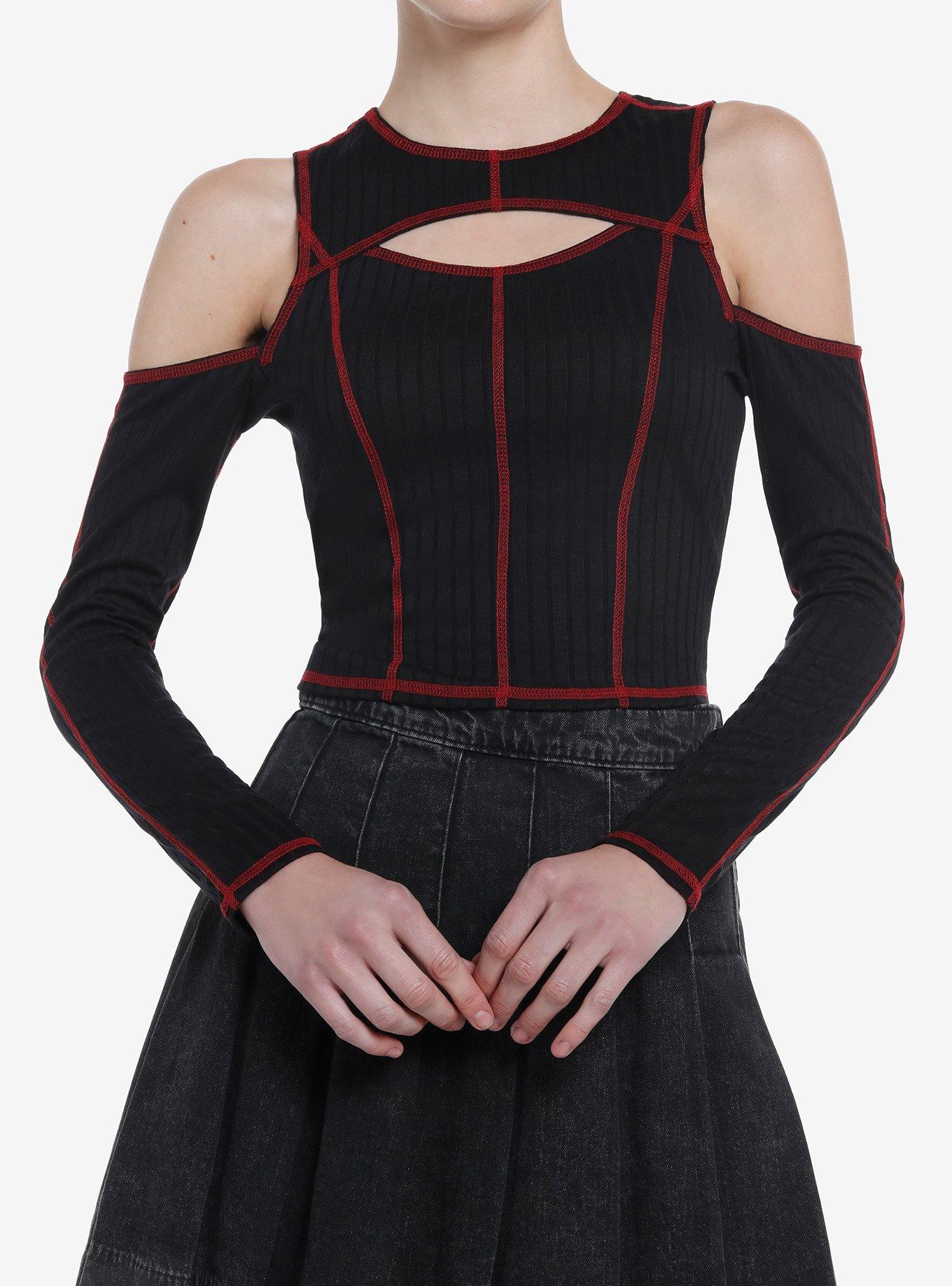 Social Collision Black & Red Contrast Stitch Cold Shoulder Girls Long-Sleeve Top, RED, hi-res
