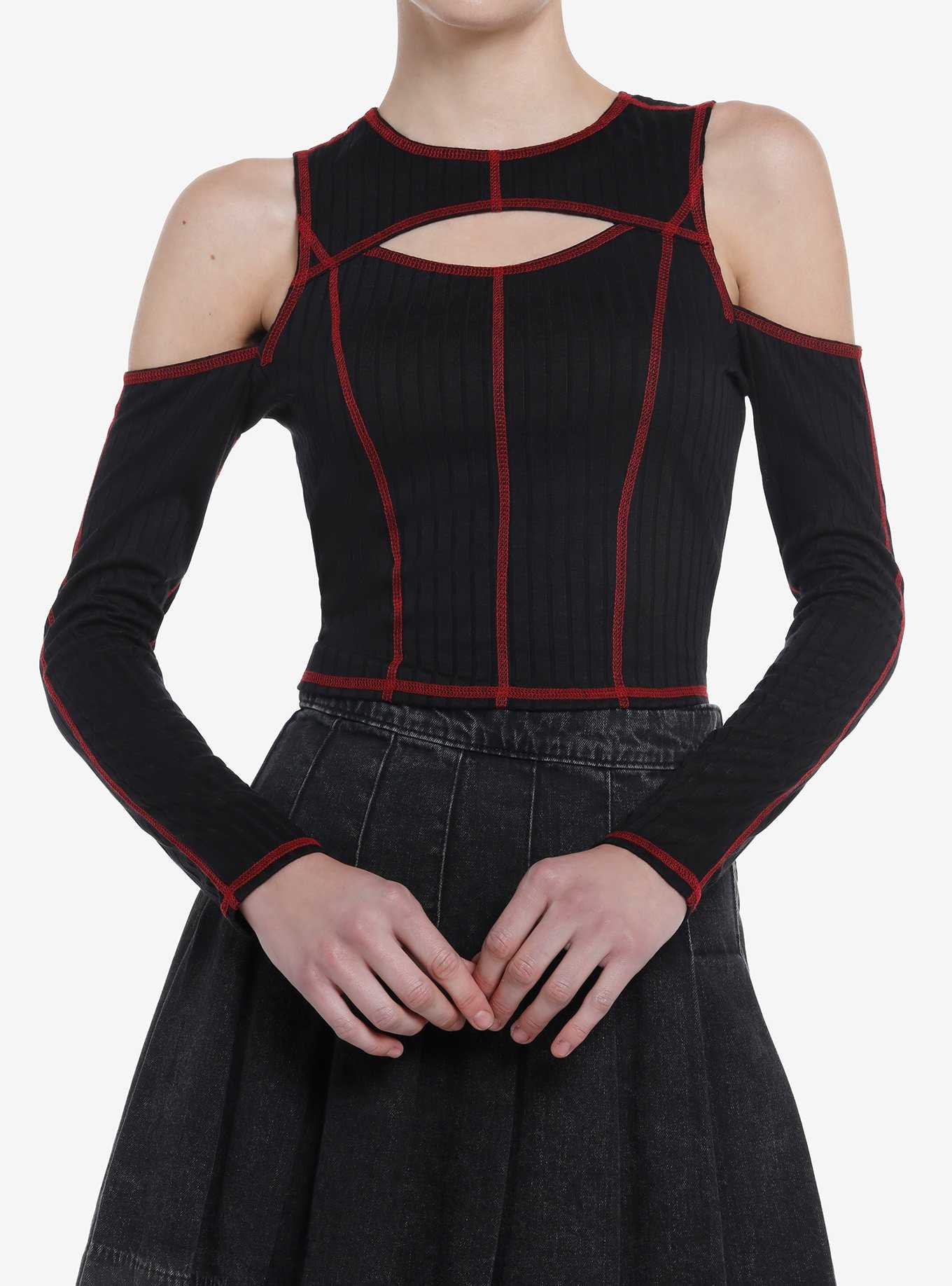 Social Collision Black & Red Contrast Stitch Cold Shoulder Girls Long-Sleeve Top, , hi-res