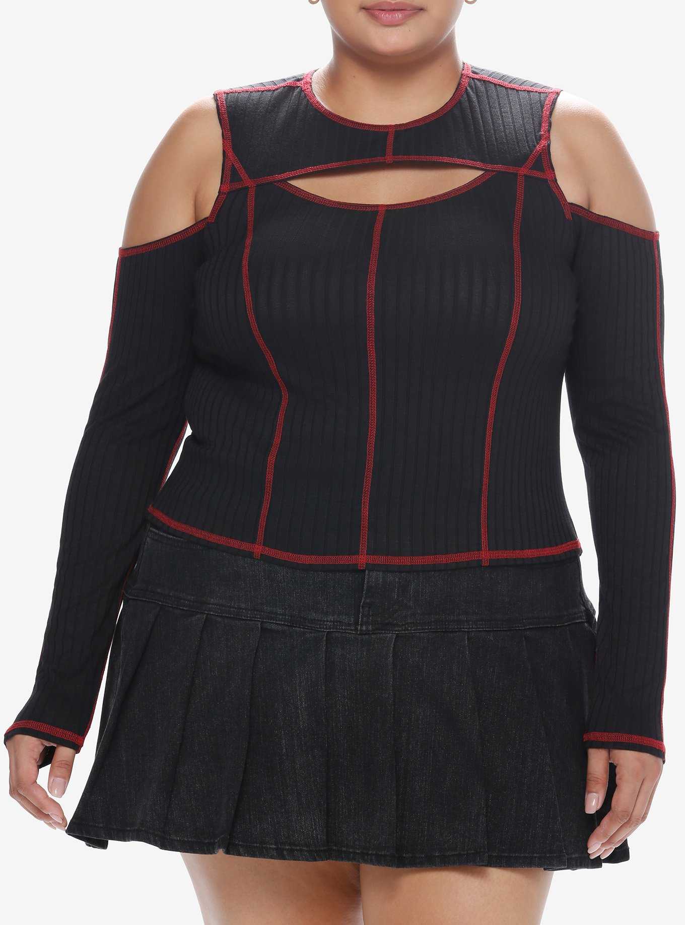 Social Collision Black & Red Contrast Stitch Cold Shoulder Girls Long-Sleeve Top Plus Size, , hi-res