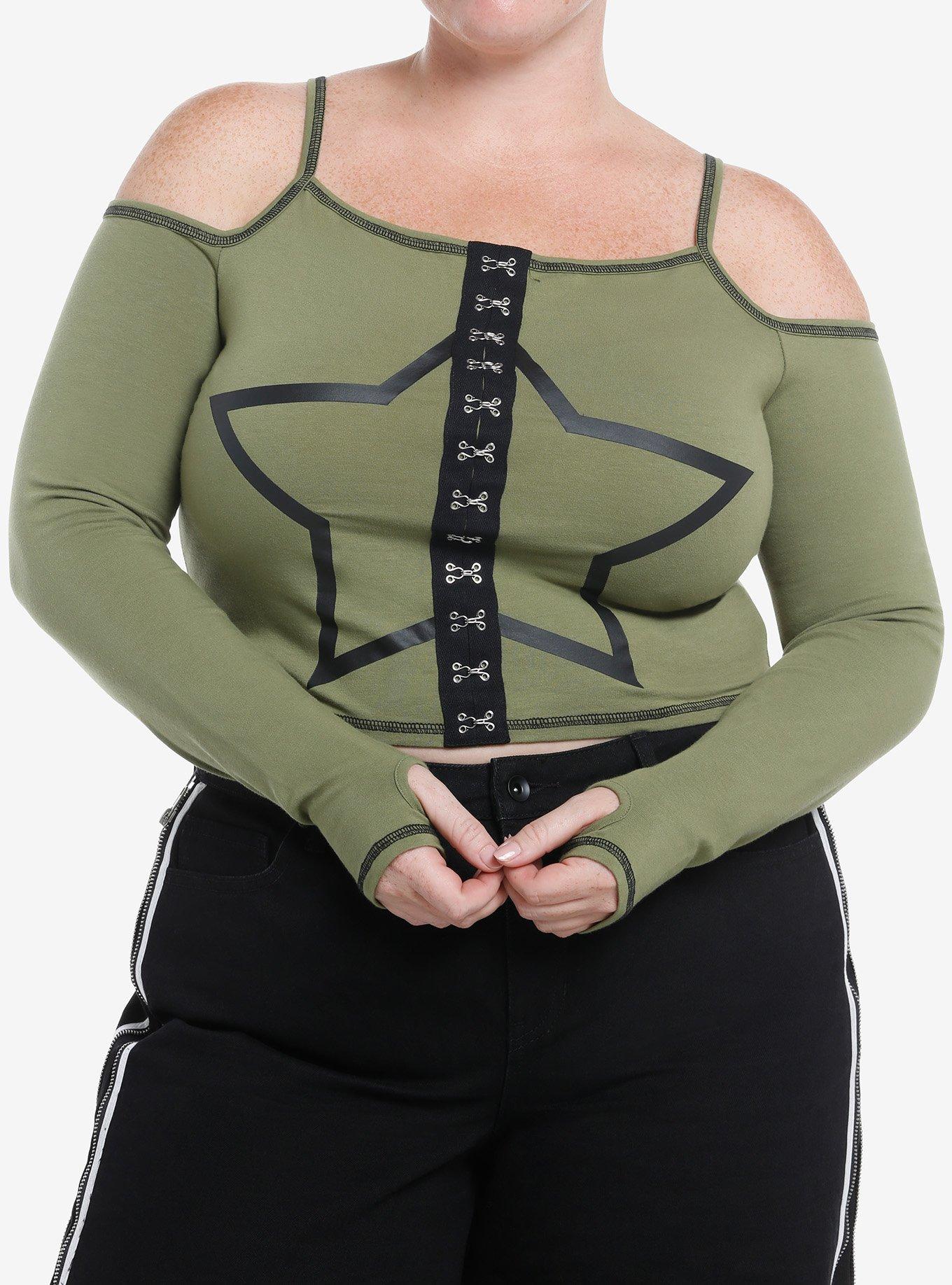 Social Collision Black Star Green Girls Cold-Shoulder Top Plus Size, , hi-res