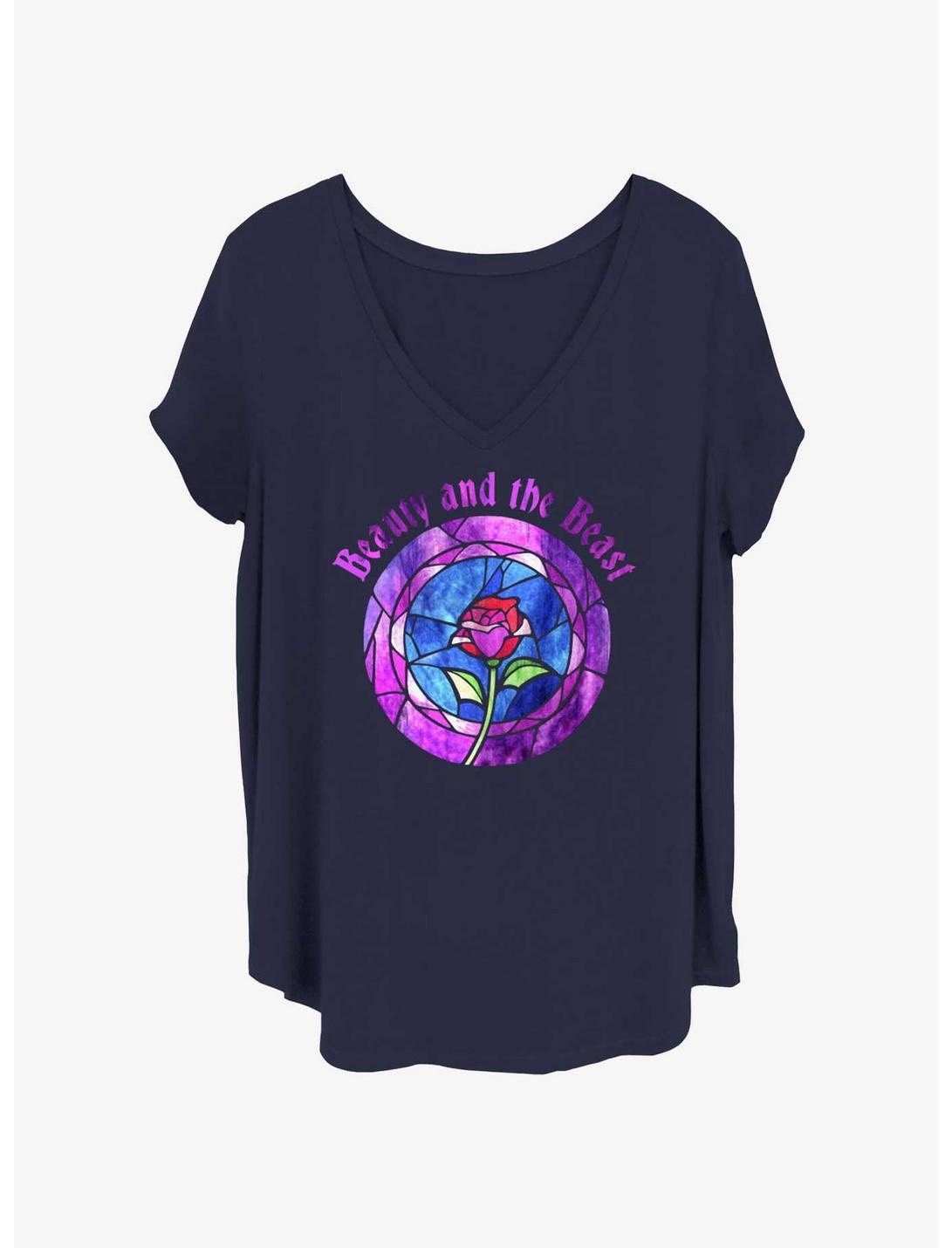 Disney Beauty and the Beast Stained Glass Rose Badge Girls T-Shirt Plus Size, NAVY, hi-res