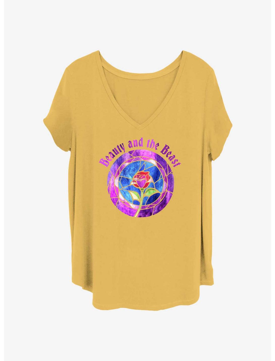 Disney Beauty and the Beast Stained Glass Rose Badge Womens T-Shirt Plus Size, OCHRE, hi-res