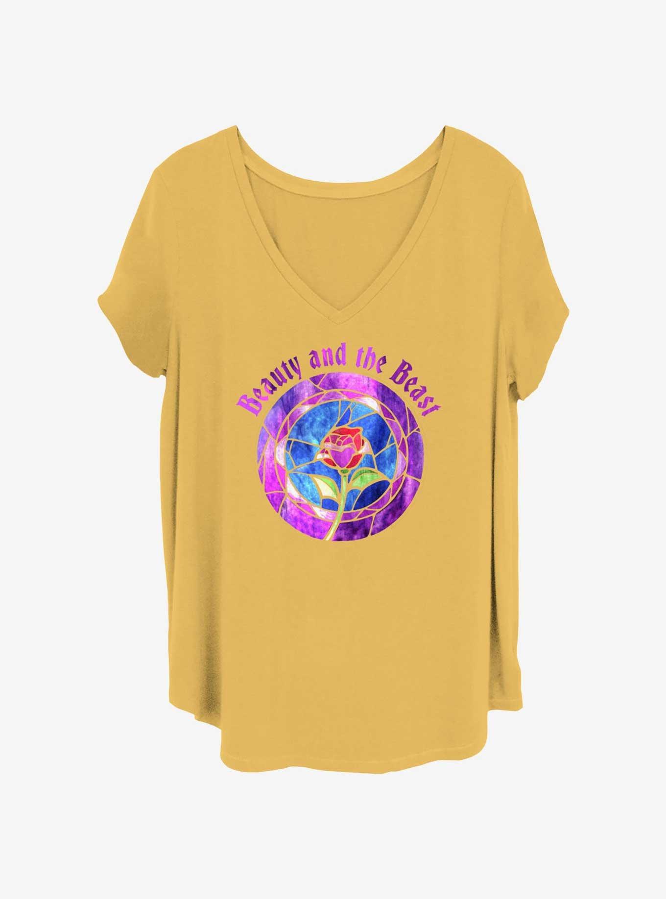 Disney Beauty and the Beast Stained Glass Rose Badge Womens T-Shirt Plus Size, OCHRE, hi-res