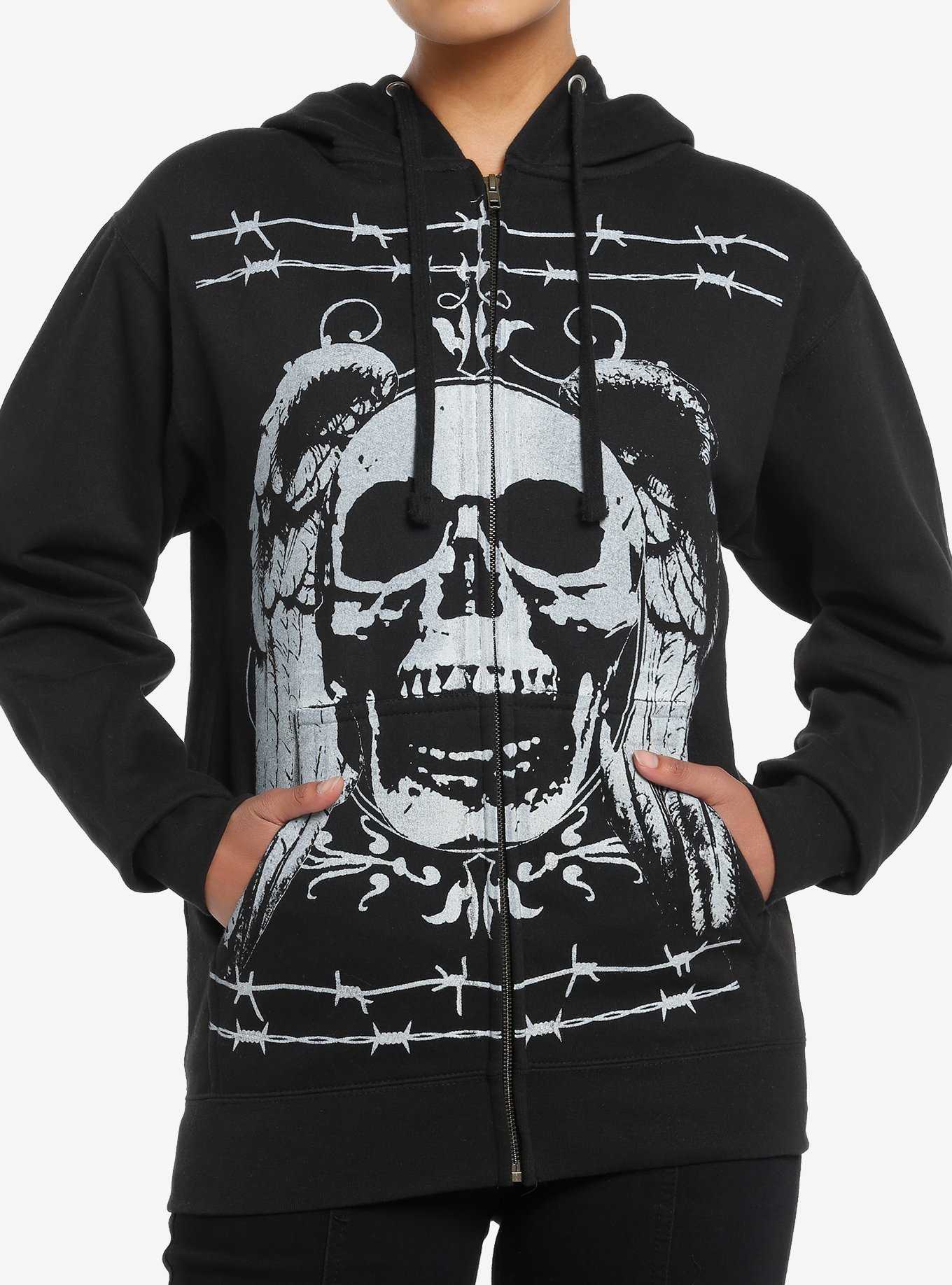 Social Collision Barbed Wire Winged Skull Girls Hoodie, , hi-res