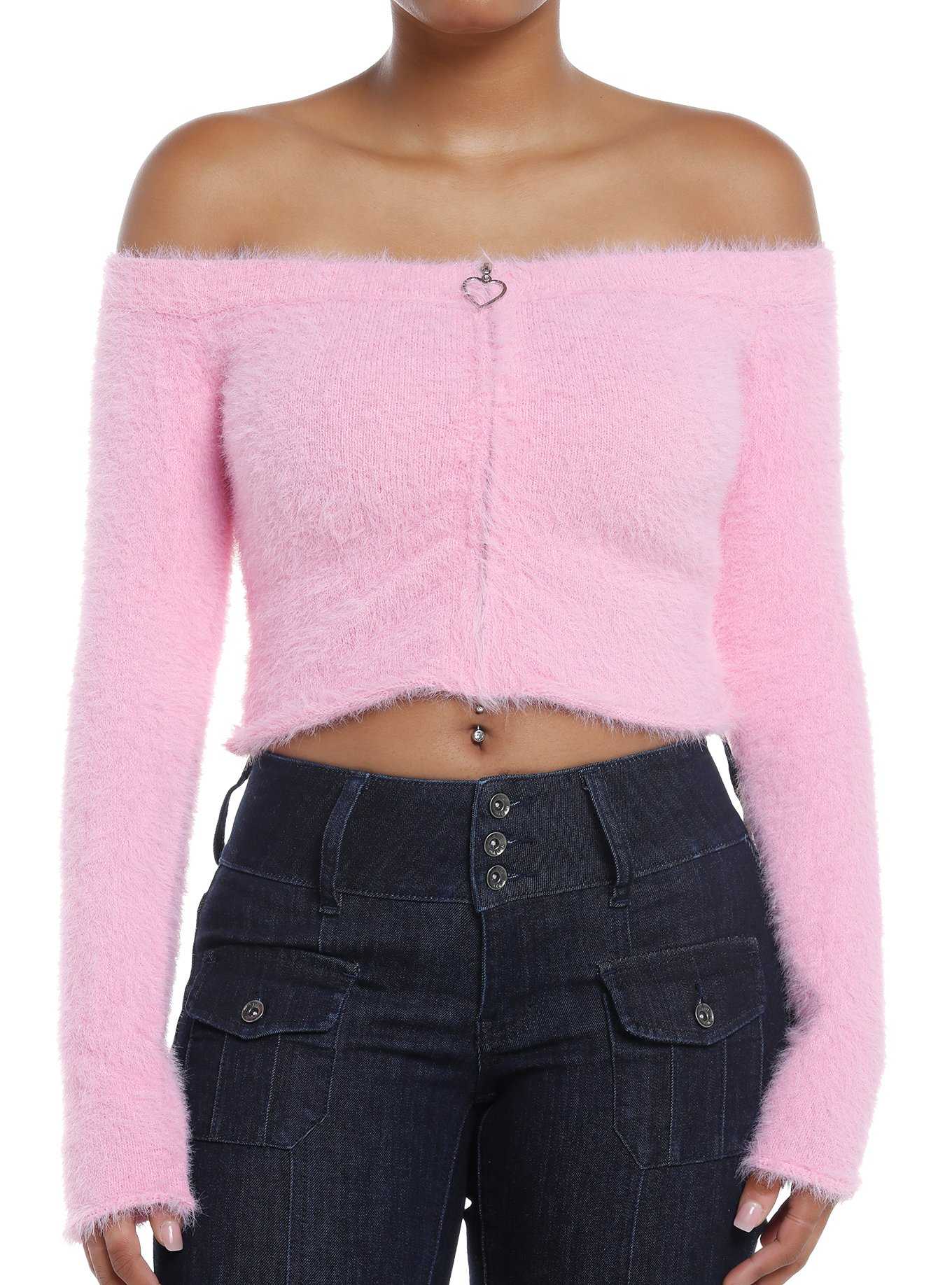 Pink Fuzzy Zipper Off-The-Shoulder Girls Crop Sweater, , hi-res
