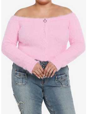Pink Fuzzy Zipper Off-The-Shoulder Girls Crop Sweater Plus Size, , hi-res