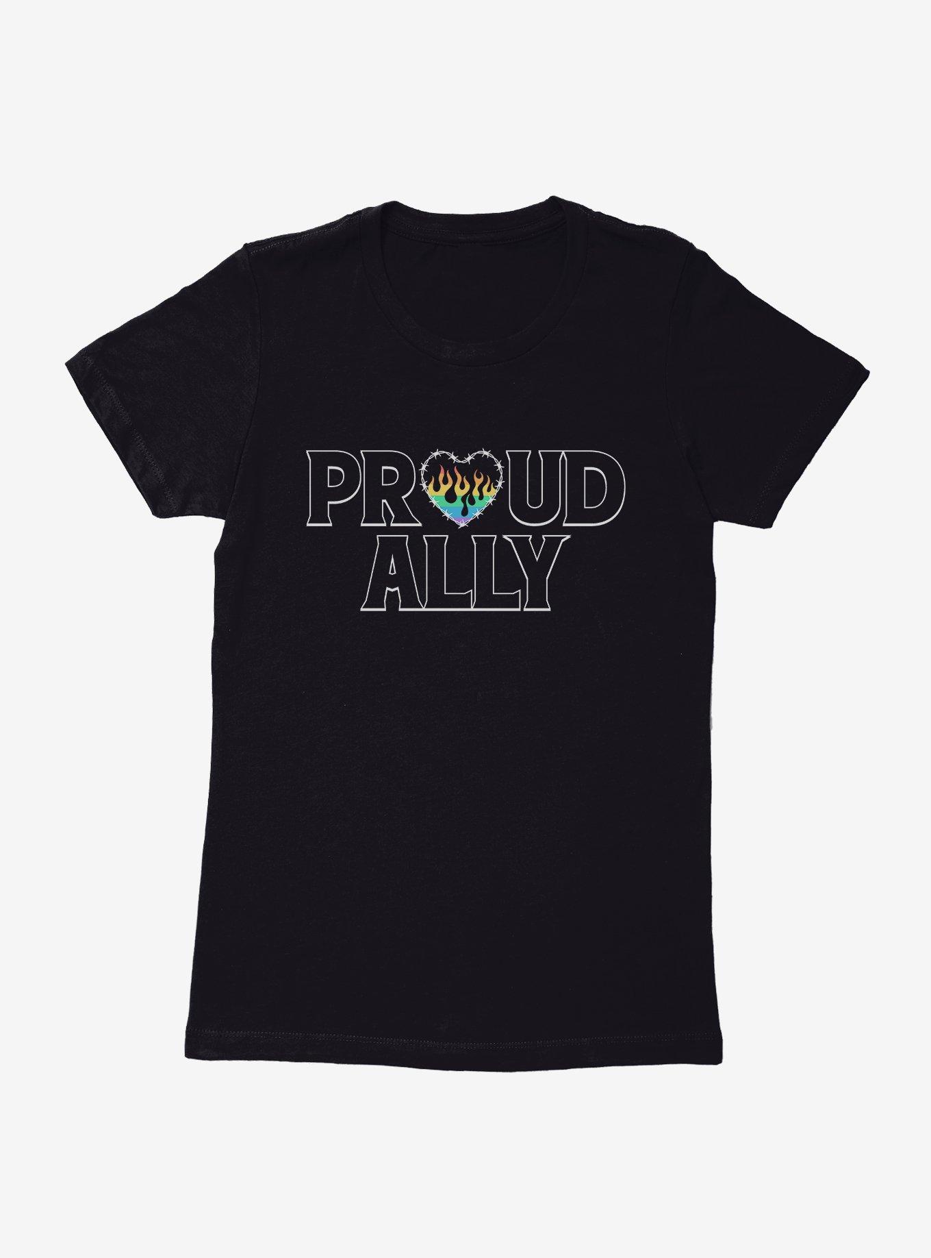 Pride Proud Ally Flames Womens T-Shirt, BLACK, hi-res