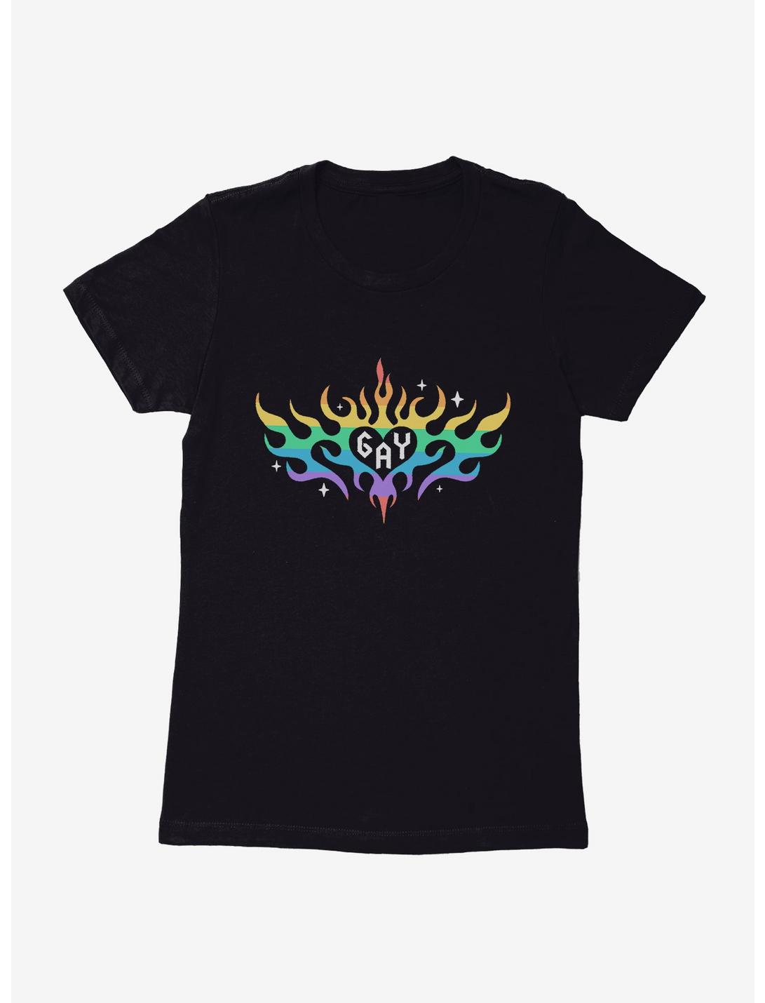 Pride Rainbow Flame Heart Womens T-Shirt, BLACK, hi-res