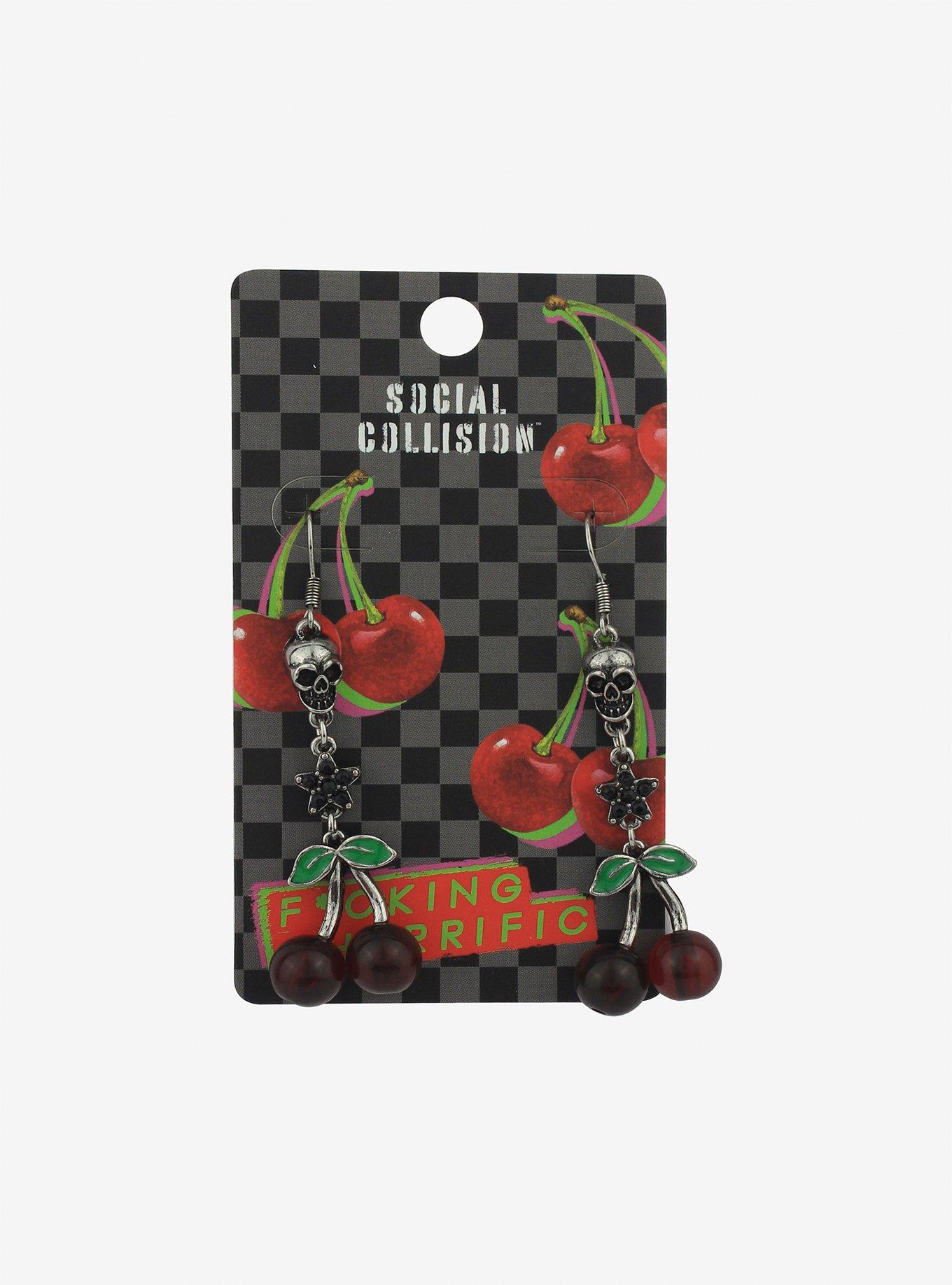 Social Collision Cherry Skull Drop Earrings, , hi-res