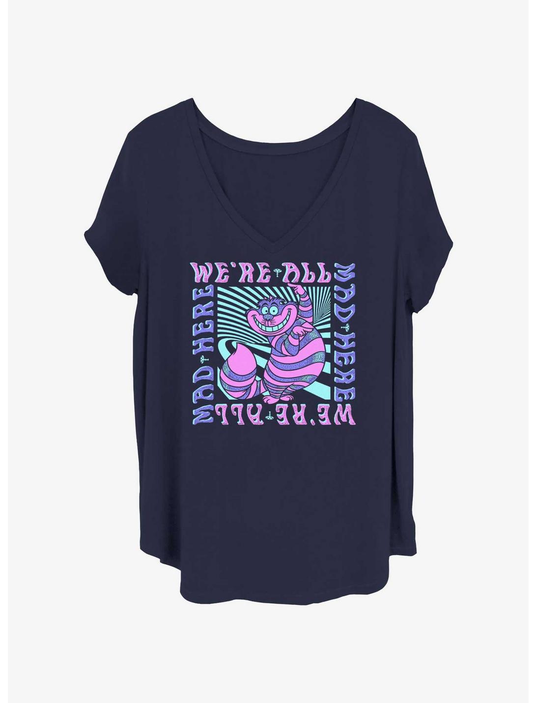 Disney Alice In Wonderland Cheshire We're All Mad Here Womens T-Shirt Plus Size, NAVY, hi-res