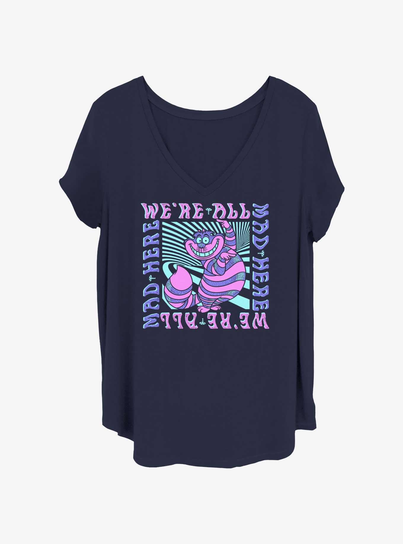 Disney Alice In Wonderland Cheshire We're All Mad Here Womens T-Shirt Plus Size, NAVY, hi-res