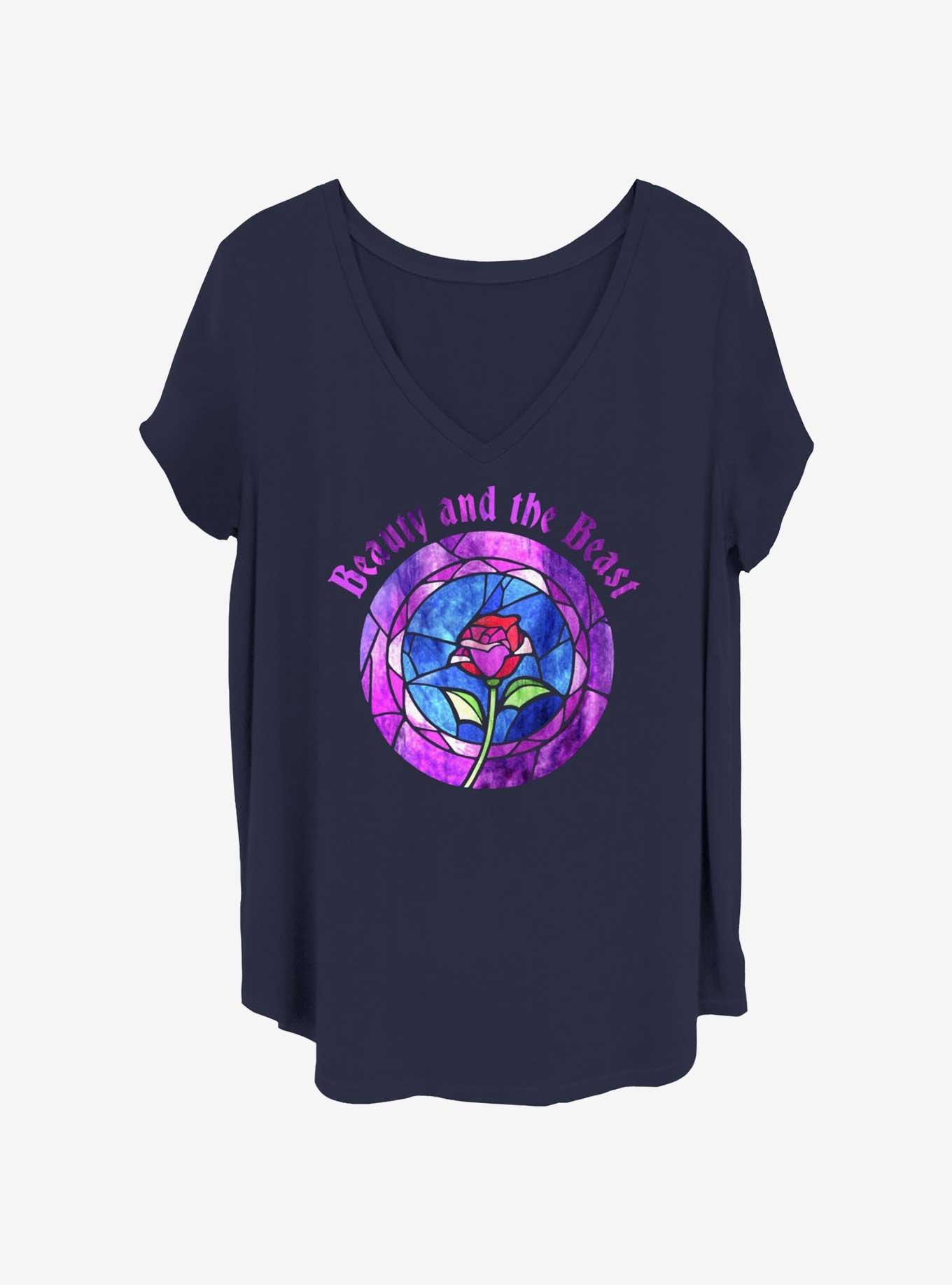 Disney Beauty and the Beast Stained Glass Rose Badge Womens T-Shirt Plus Size