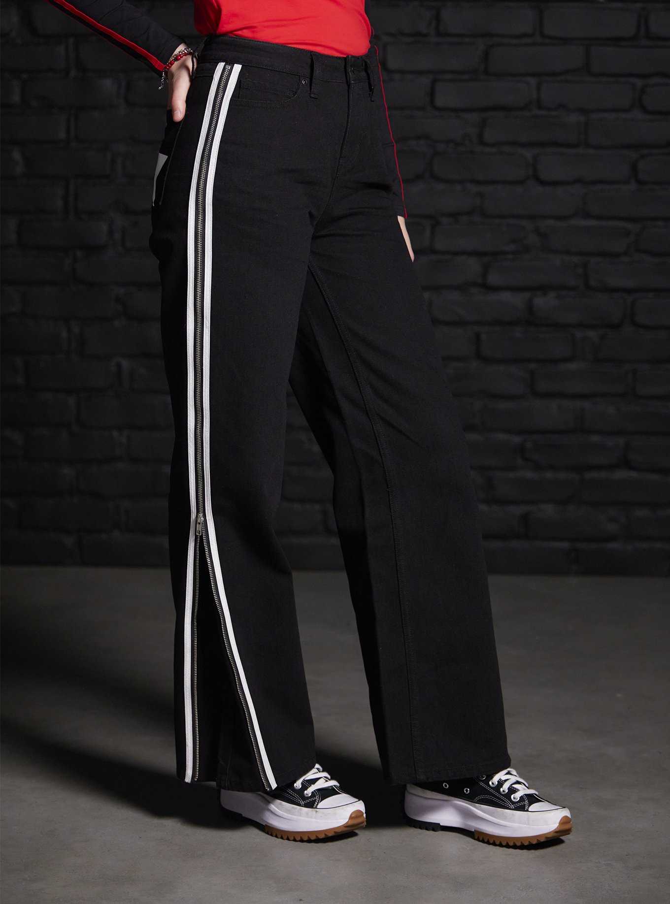 Social Collision Black & White Stripe Star Carpenter Pants, , hi-res