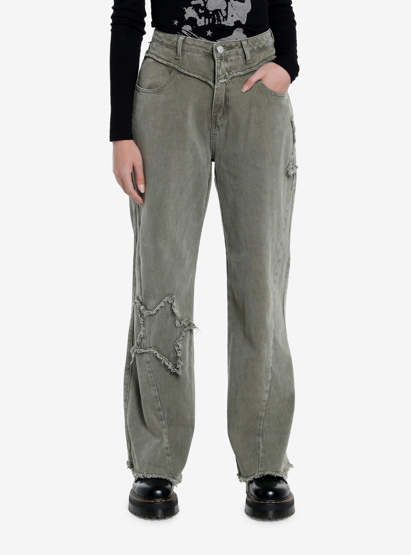 Green Distressed Star Wide Leg Pants, GREEN, hi-res