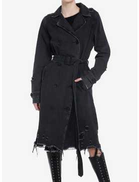 Black Destructed Girls Denim Longline Coat, , hi-res