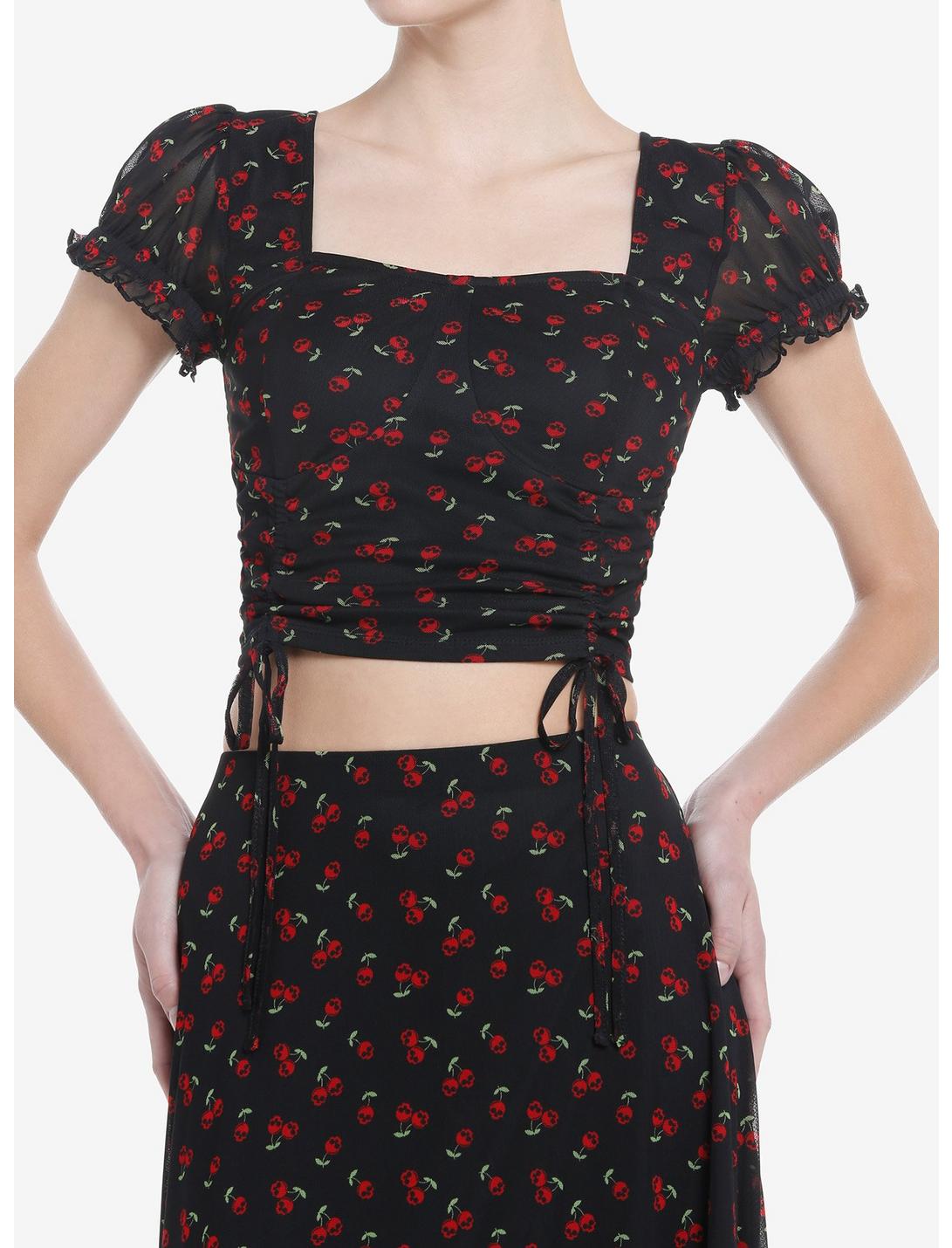 Social Collision Skull Cherry Ruched Girls Crop Top, RED, hi-res