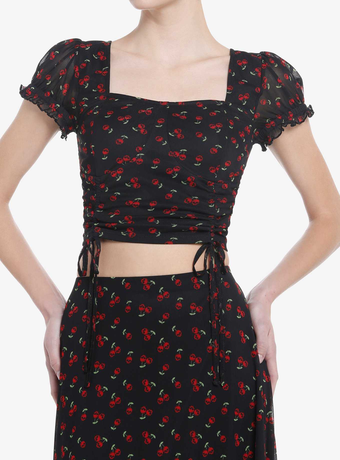 Social Collision Skull Cherry Ruched Girls Crop Top, , hi-res