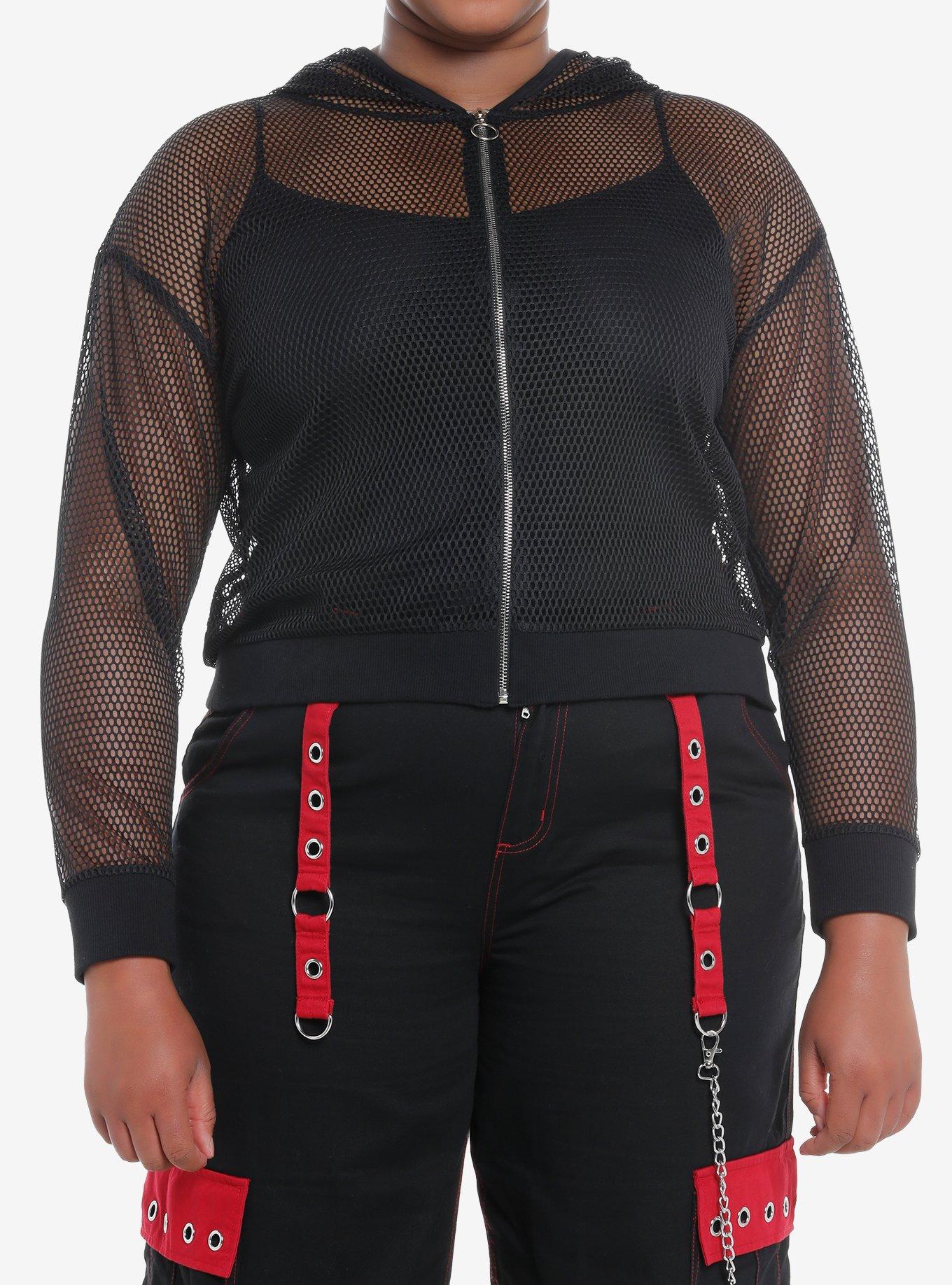 Black Mesh O-Ring Girls Crop Hoodie Plus Size, BLACK, hi-res