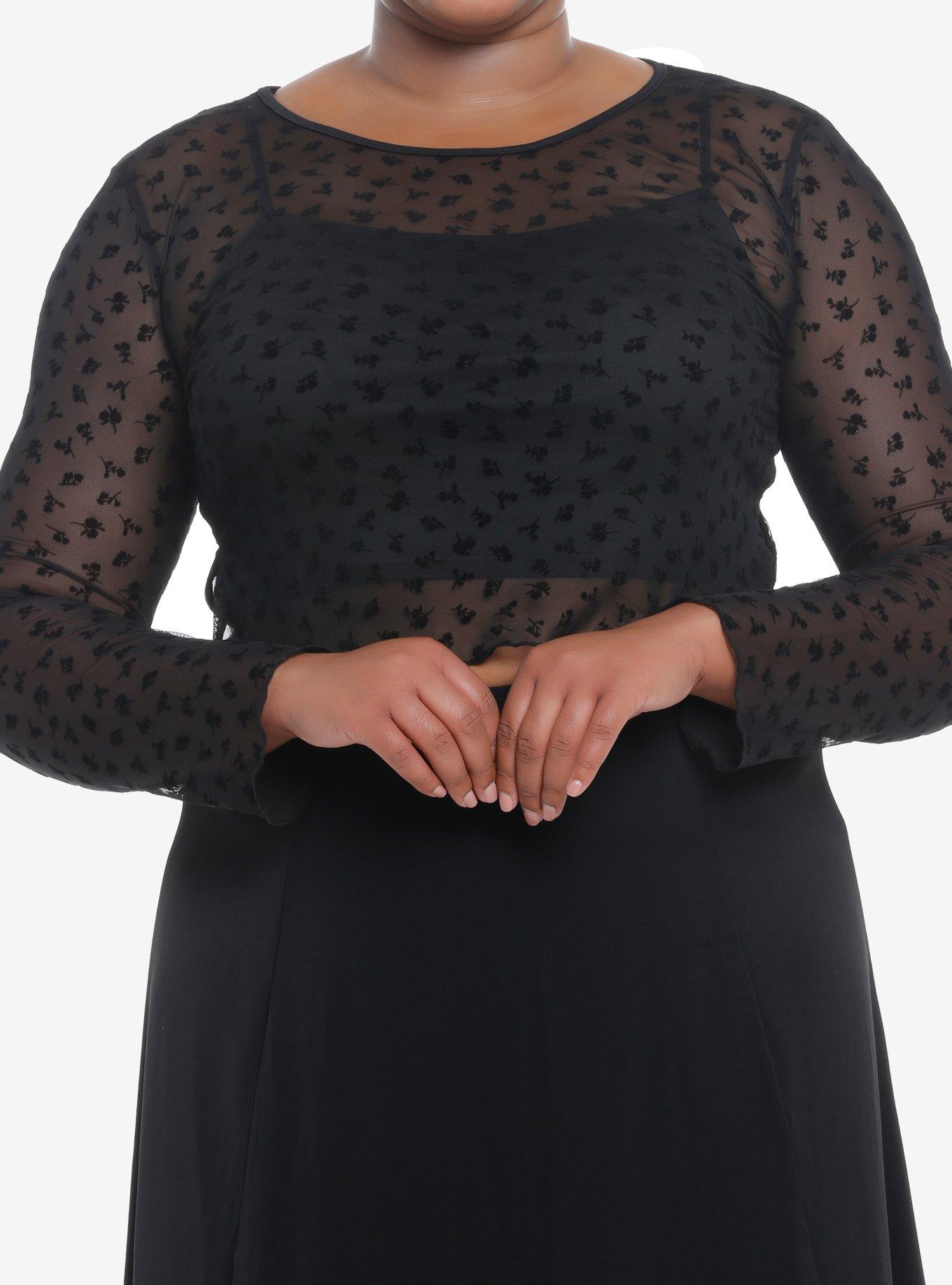 Black Flocked Rose Girls Twofer Long-Sleeve Top Plus Size, , hi-res