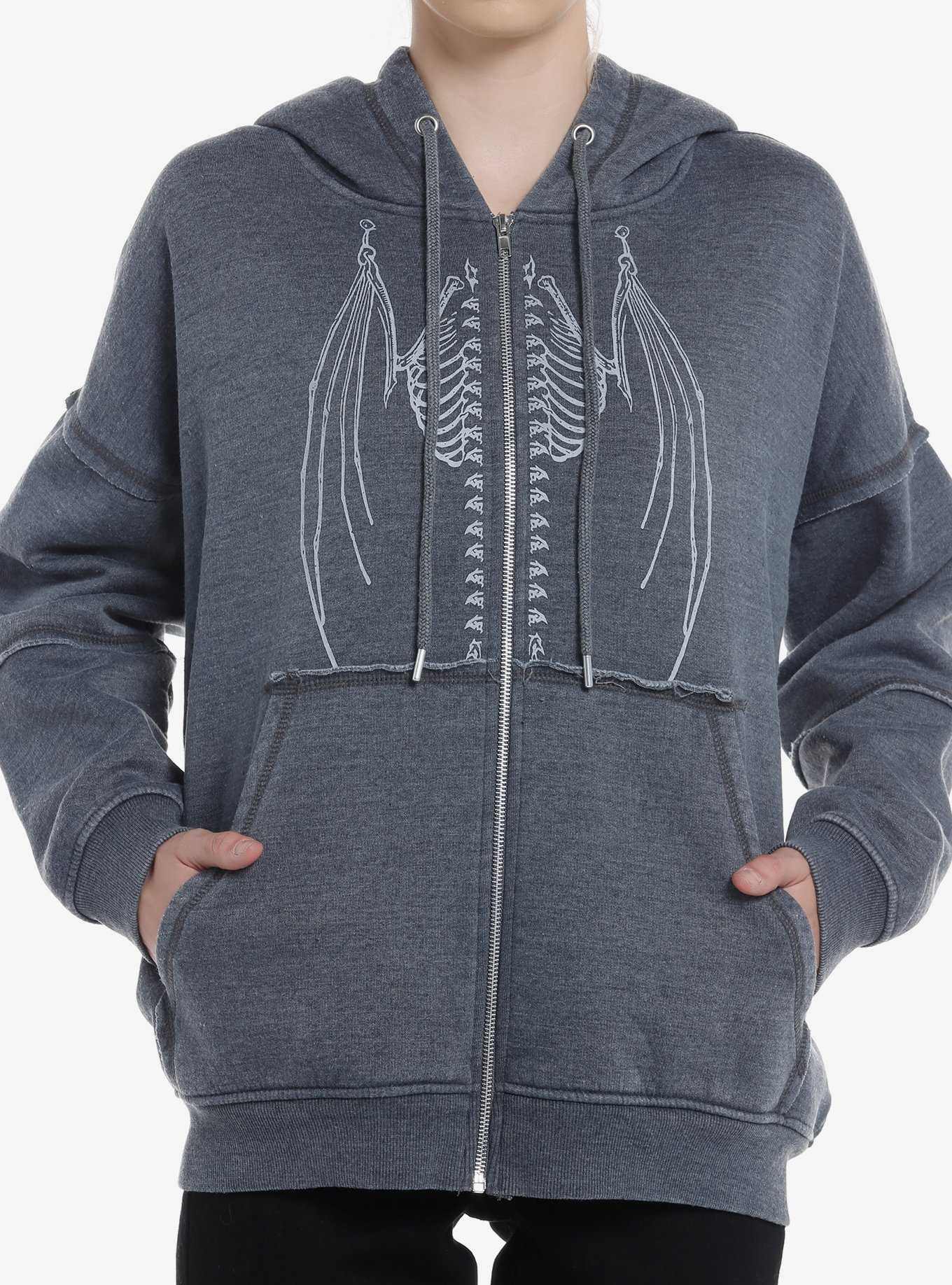 Grey Bat Skeleton Stitched Girls Hoodie, , hi-res