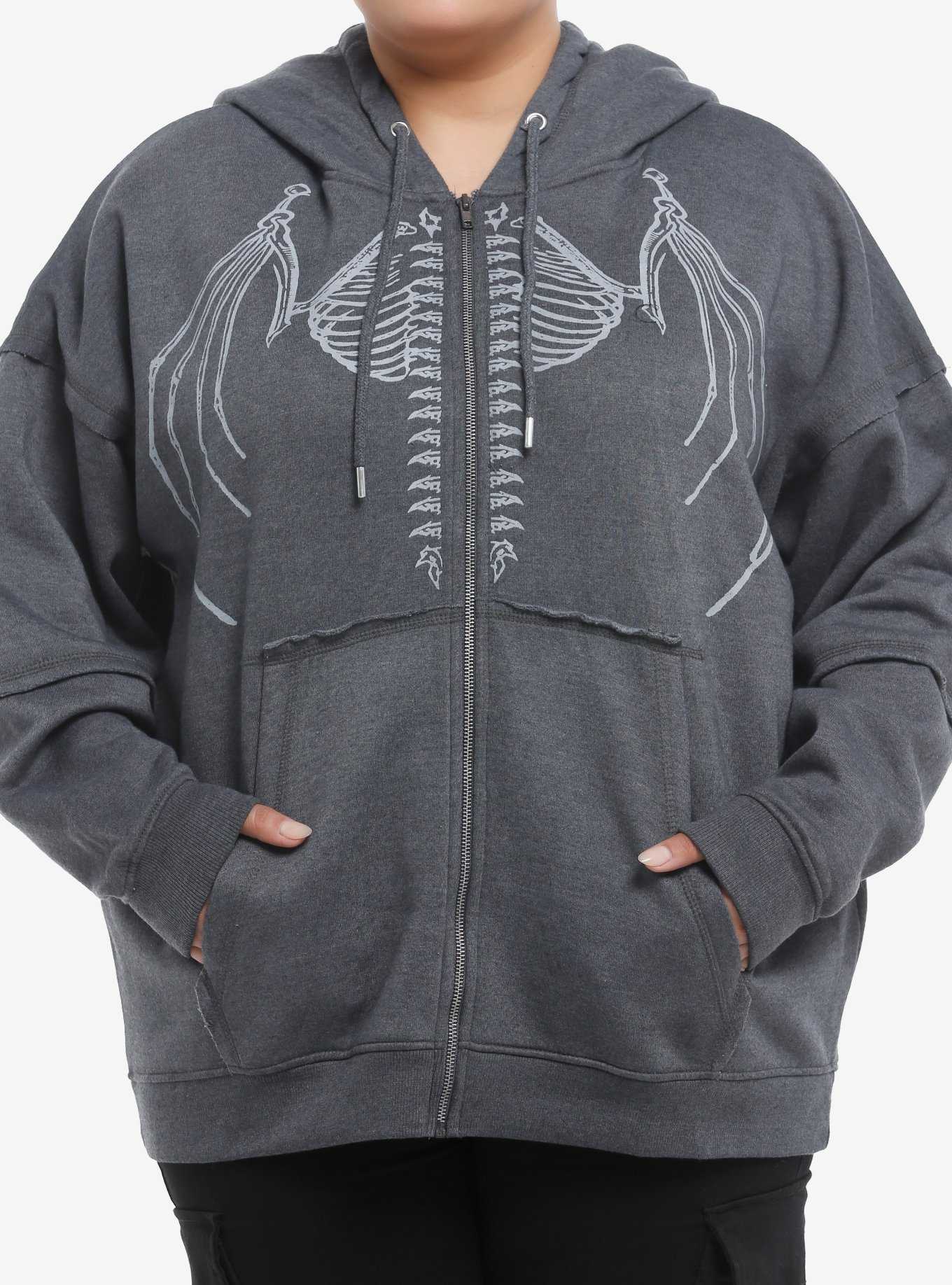 Grey Bat Skeleton Stitched Girls Hoodie Plus Size, , hi-res