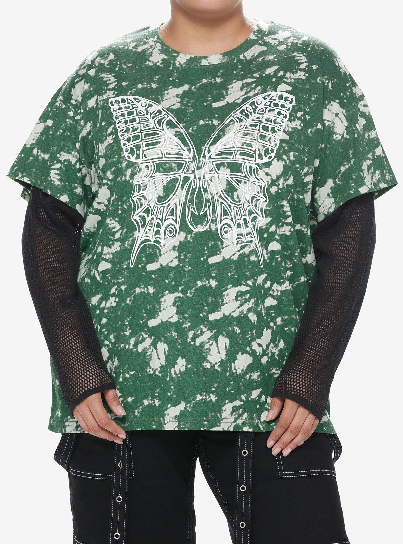 Butterfly Acid Wash Mesh Girls Twofer Long-Sleeve T-Shirt Plus Size, , hi-res
