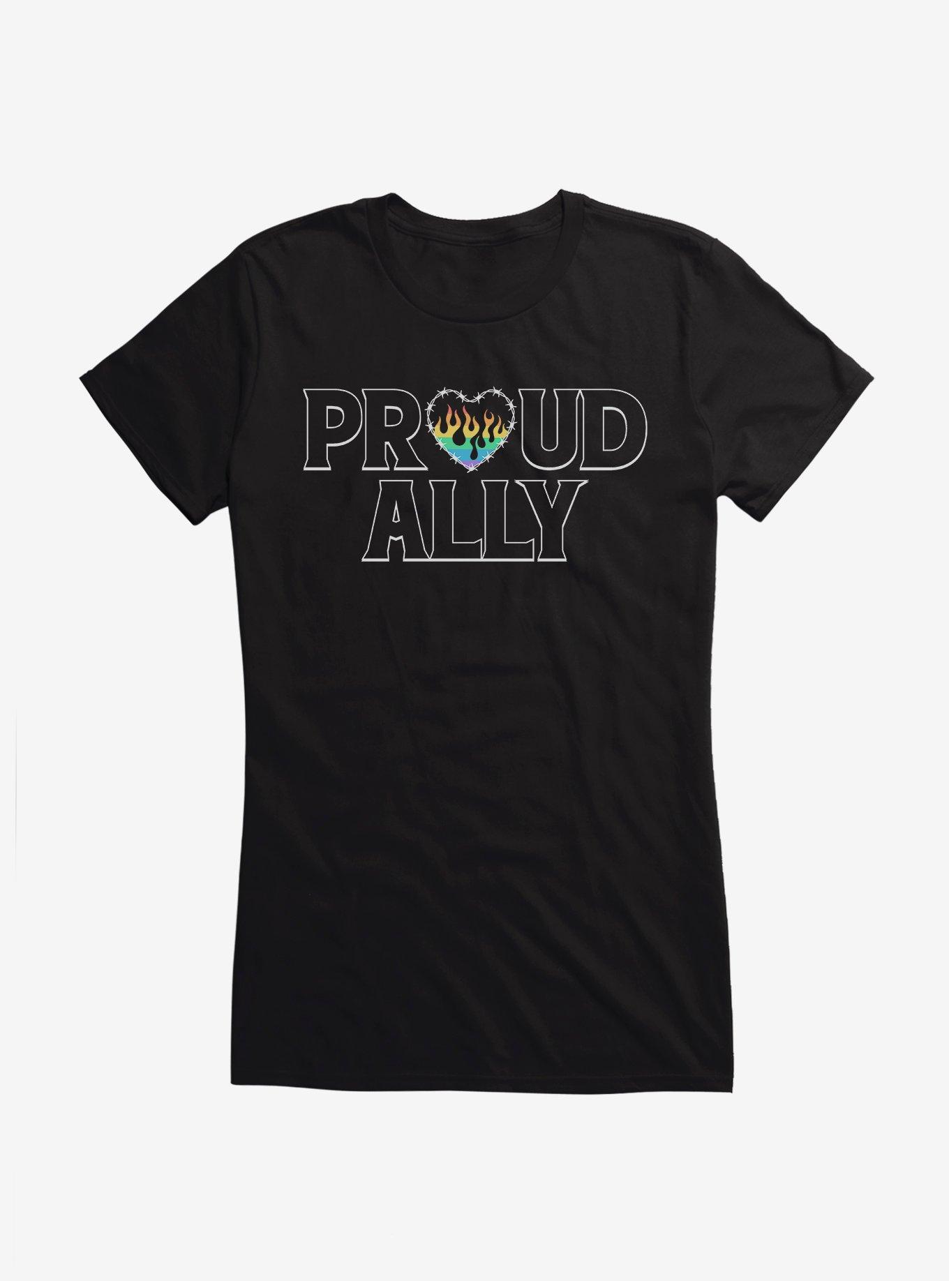 Pride Proud Ally Flames Girls T-Shirt, BLACK, hi-res