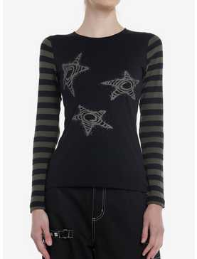 Black & Olive Stripe Star Girls Long-Sleeve Top, , hi-res