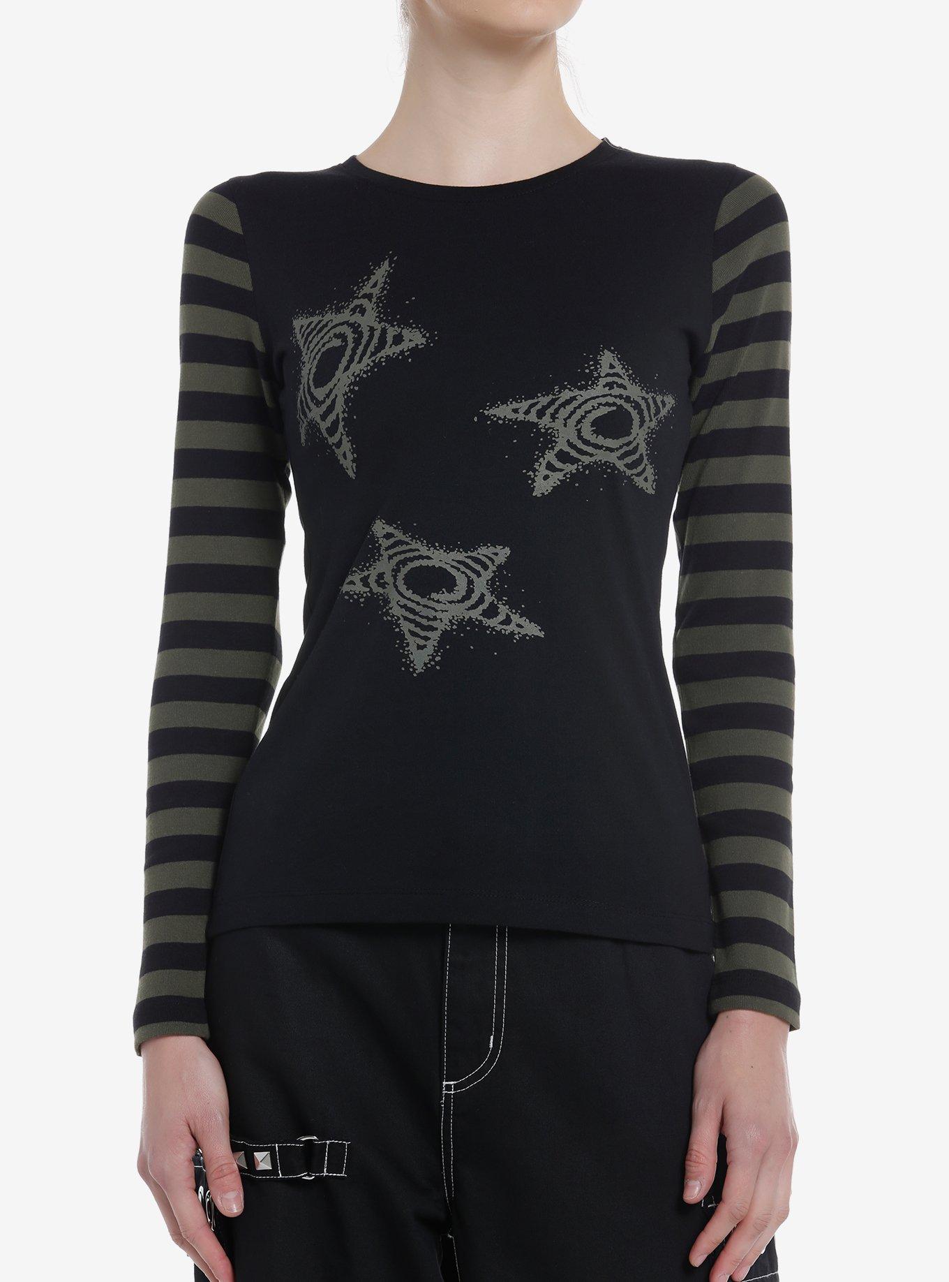 Black & Olive Stripe Star Girls Long-Sleeve Top, GREY, hi-res