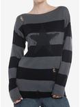 Black & Grey Stripe Star Distressed Girls Sweater, GREY, hi-res