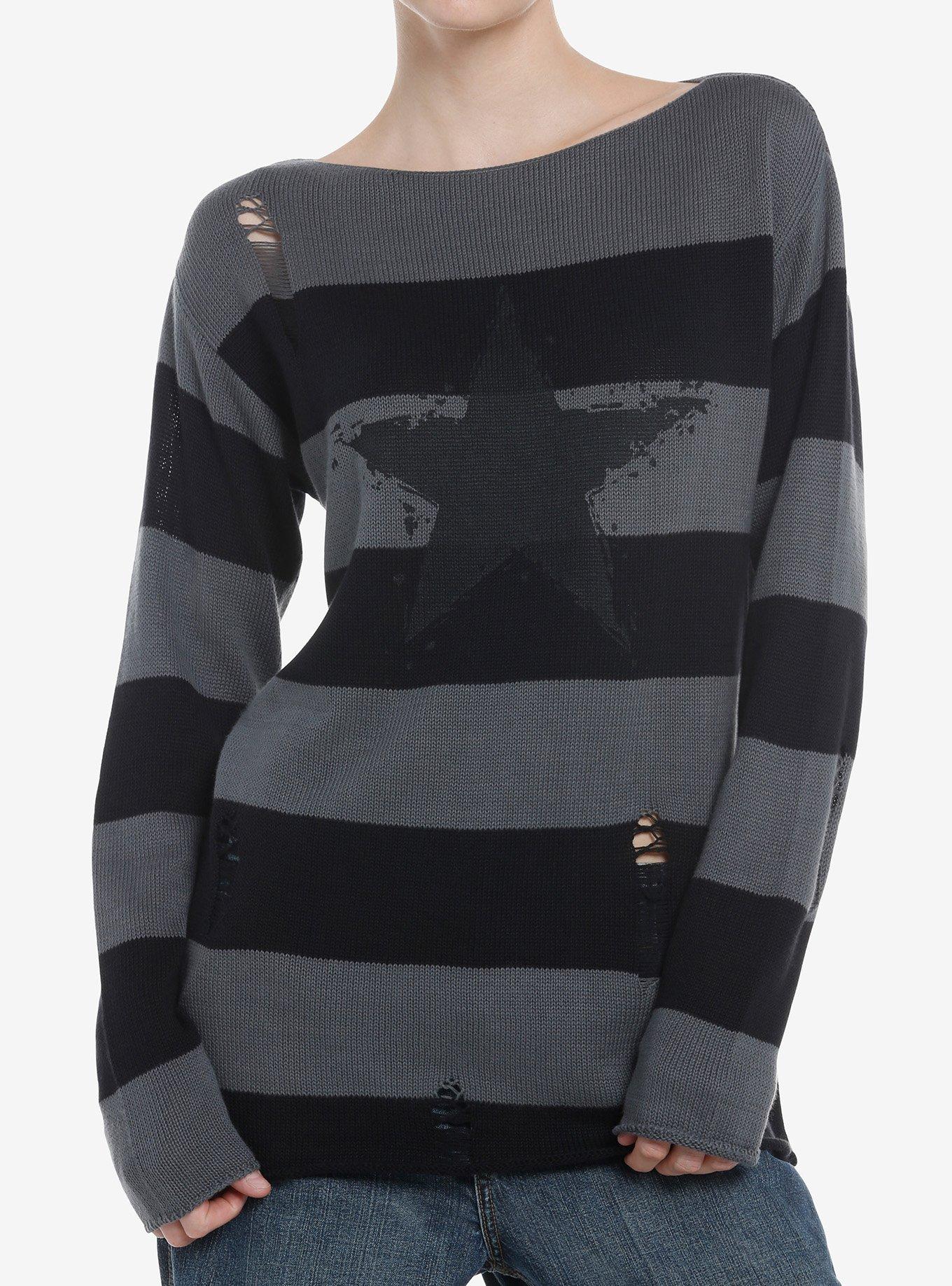 Black Grey Stripe Star Distressed Girls Sweater Hot Topic