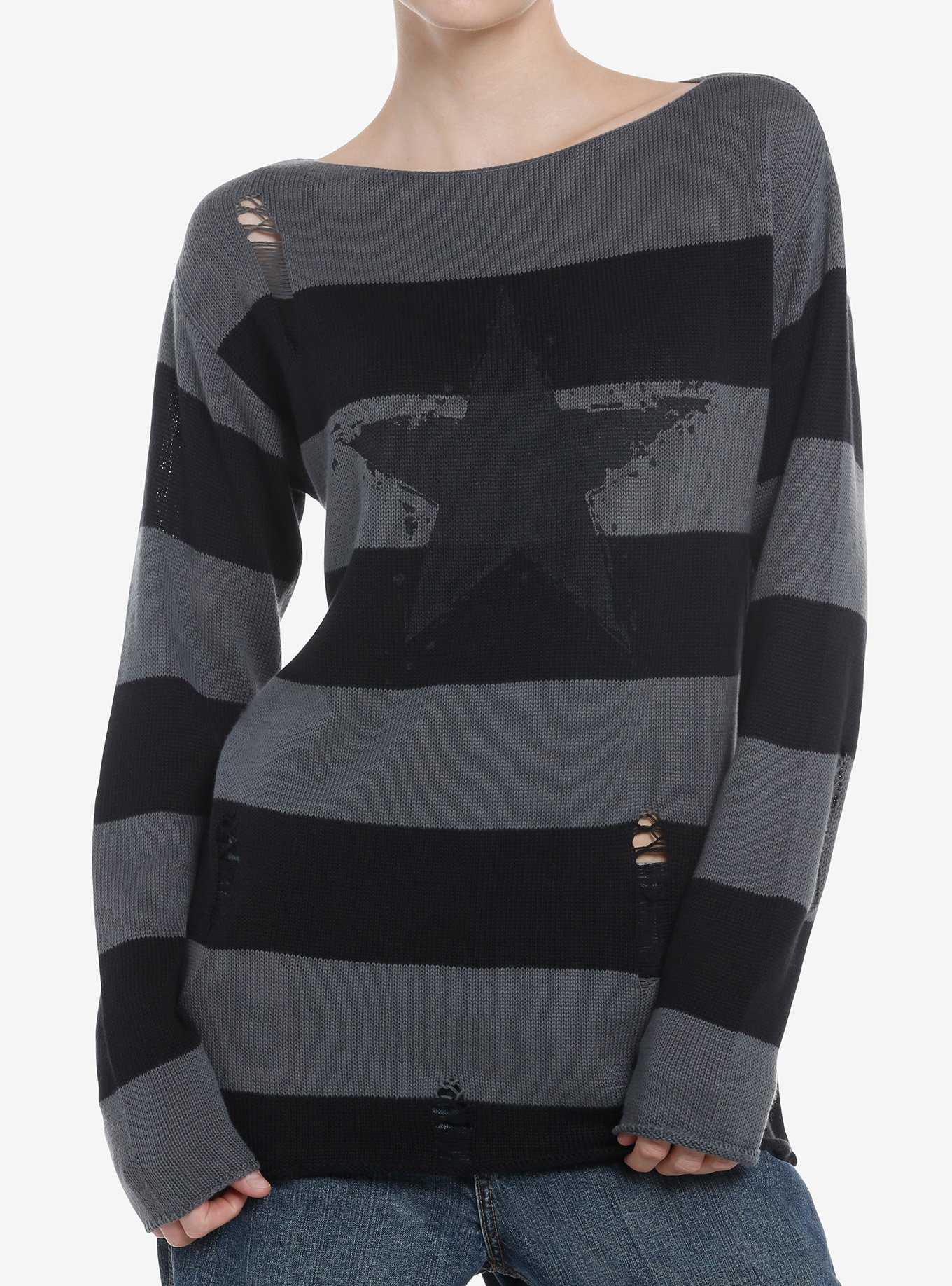 Black & Grey Stripe Star Distressed Girls Sweater, , hi-res
