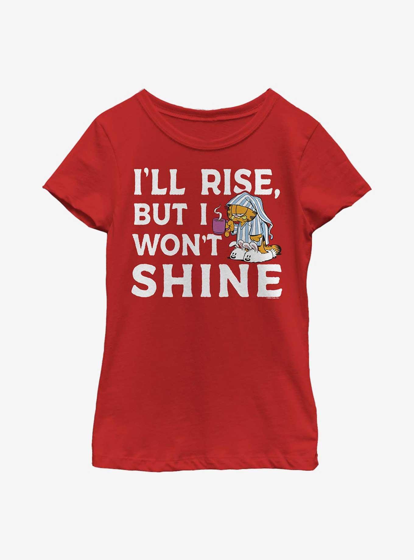 Garfield I'll Rise But I Won't Shine Youth Girl's T-Shirt, RED, hi-res