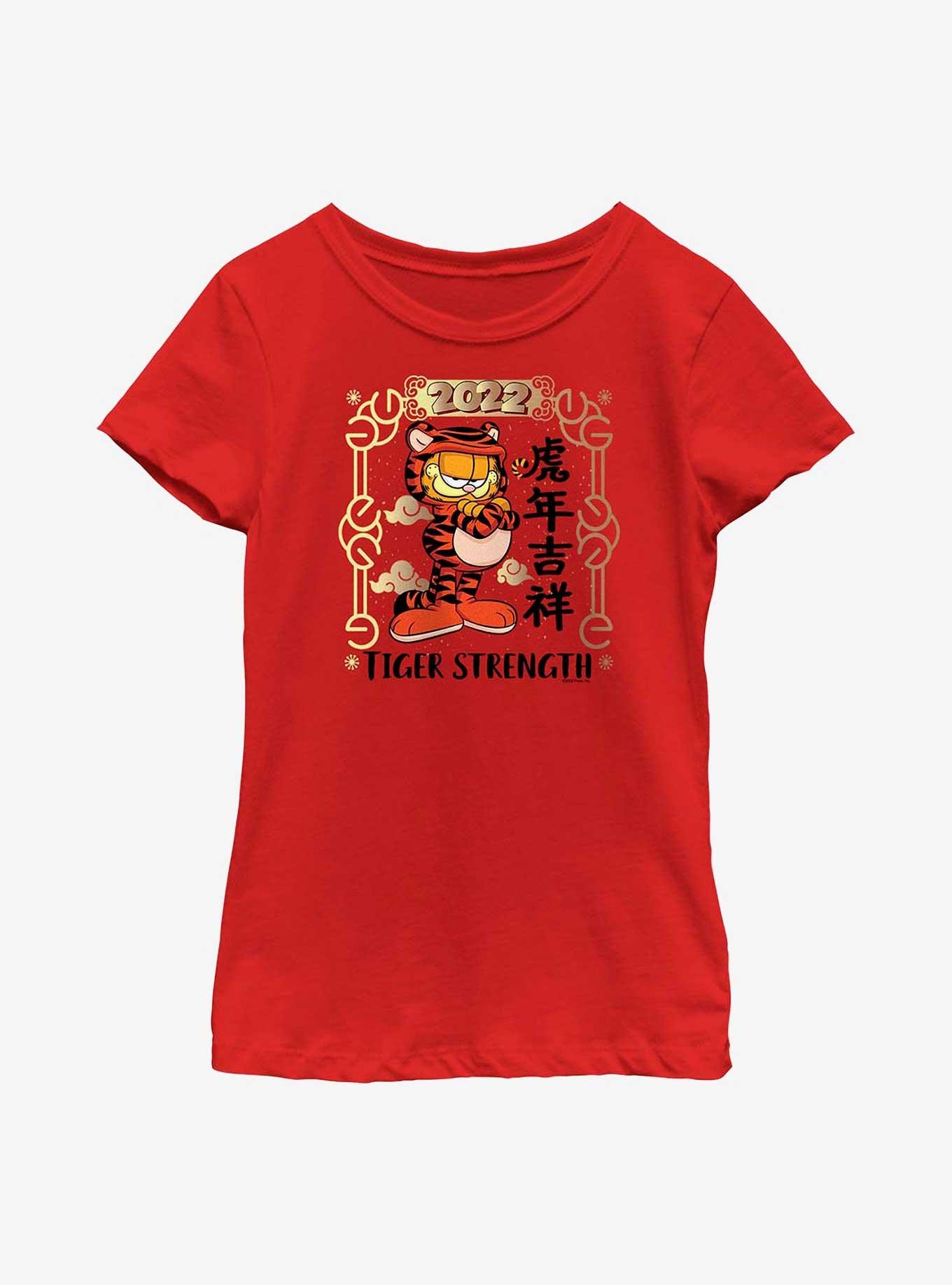 Garfield Tiger Strength Poster Youth Girl's T-Shirt, RED, hi-res