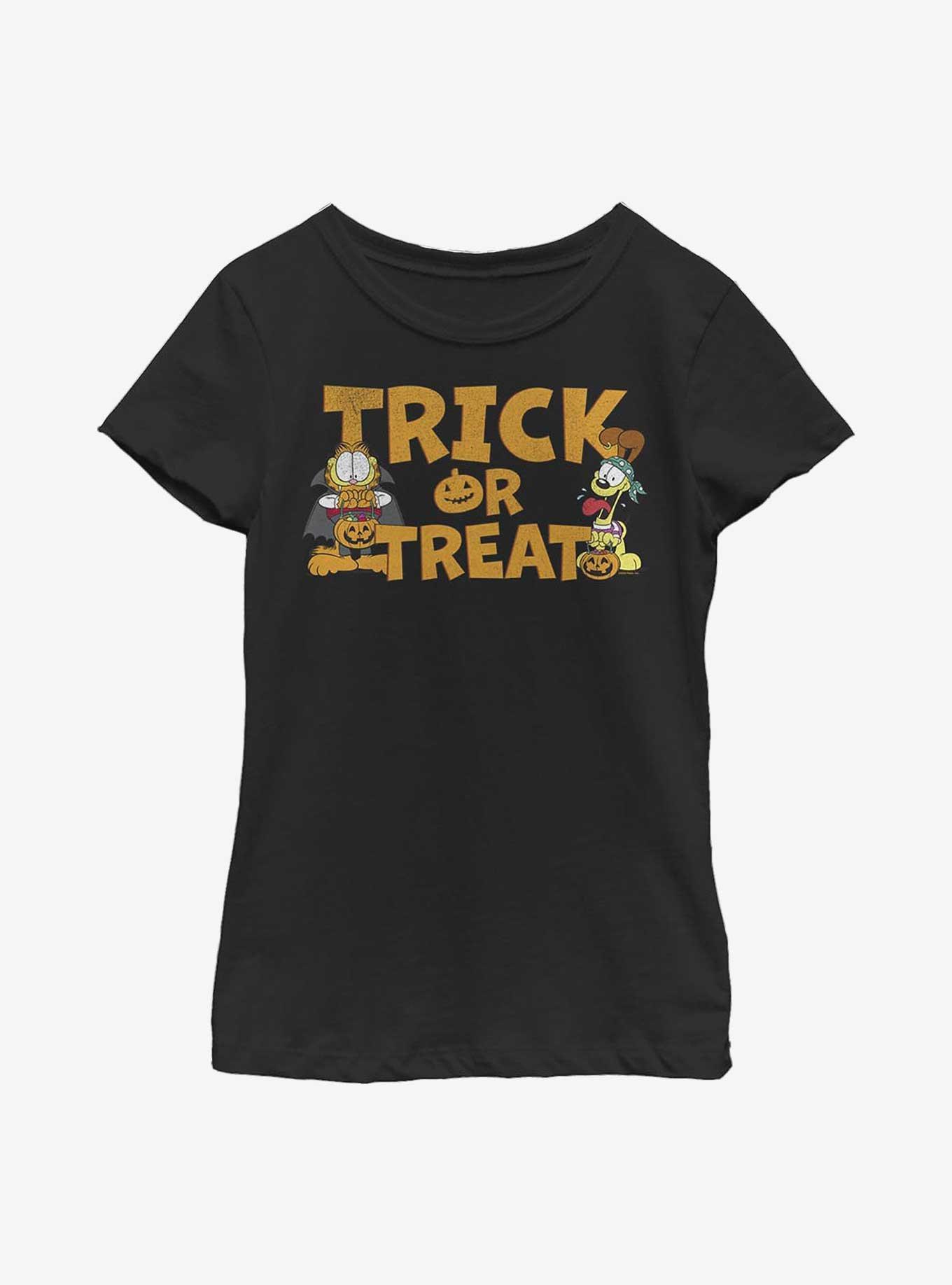 Garfield and Odie Halloween Trick or Treat Youth Girl's T-Shirt, BLACK, hi-res