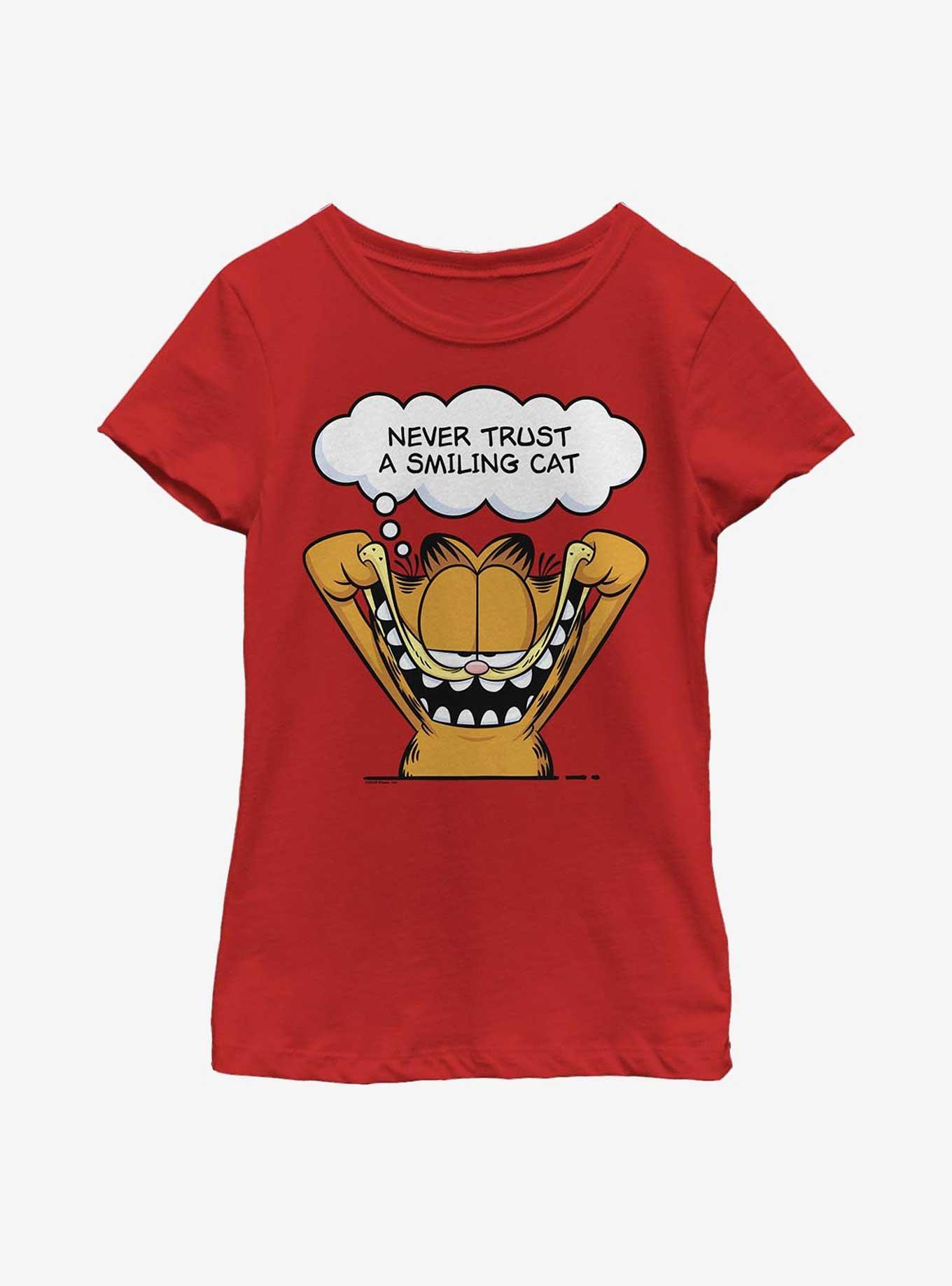Garfield Never Trust A Smiling Cat Youth Girl's T-Shirt, RED, hi-res