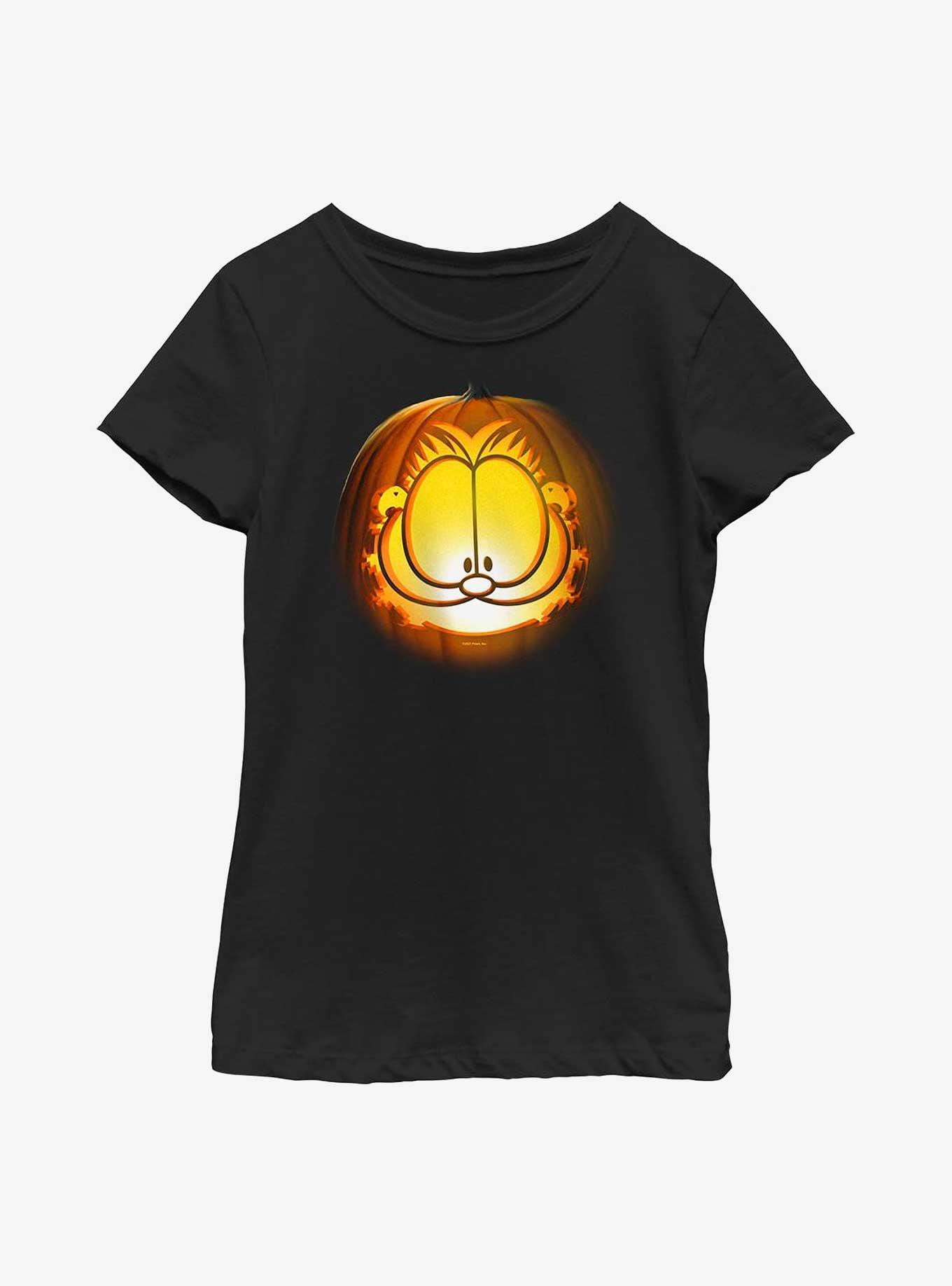 Garfield Pumpkin Carve Face Youth Girl's T-Shirt, BLACK, hi-res