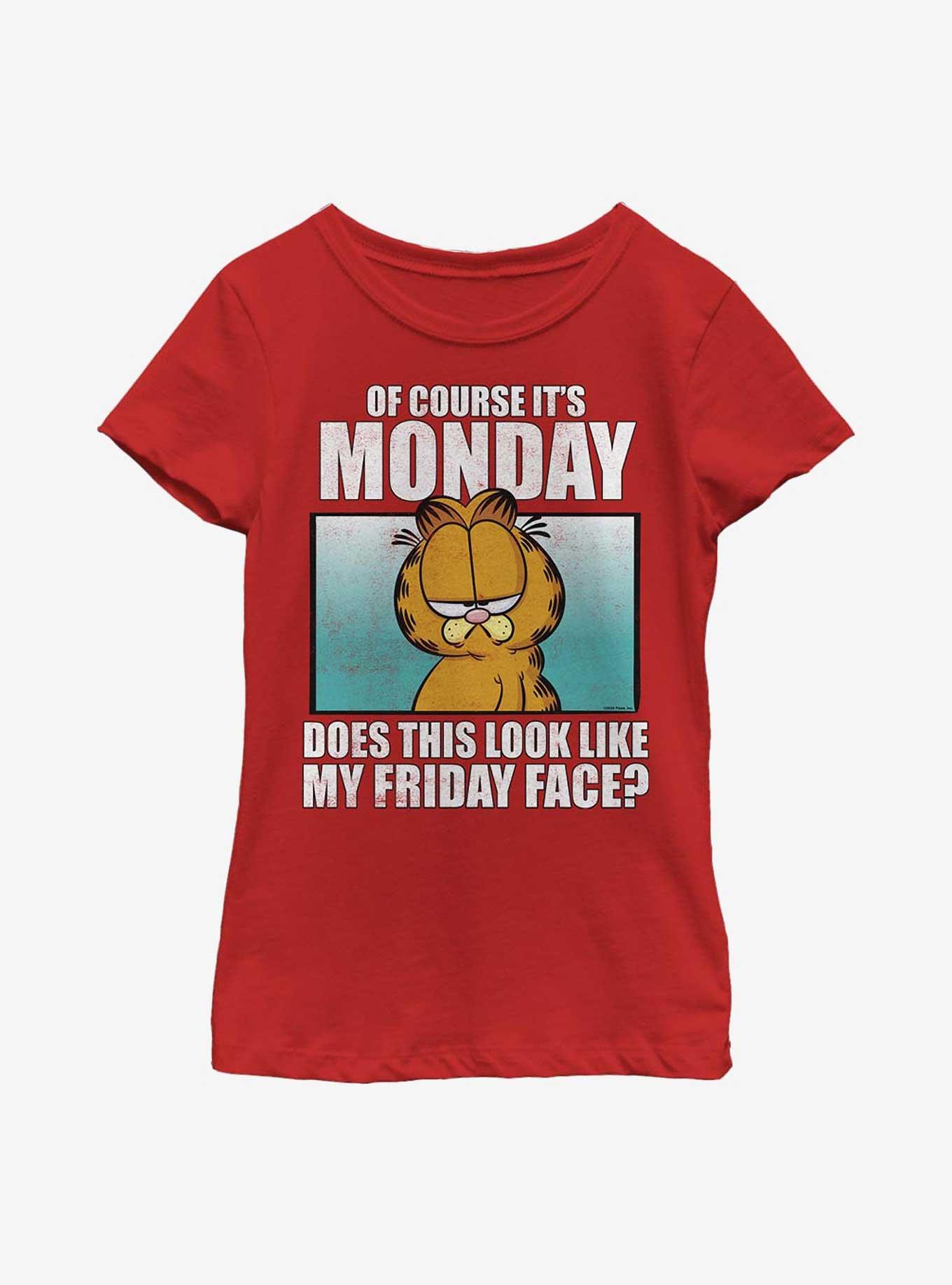 Garfield Monday Meme Youth Girl's T-Shirt, RED, hi-res
