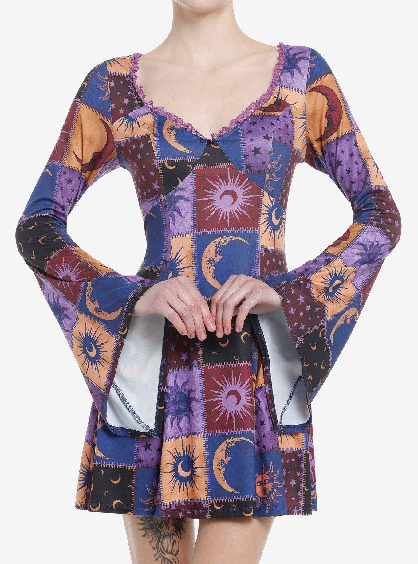 Cosmic Aura Celestial Patchwork Bell Sleeve Dress, , hi-res