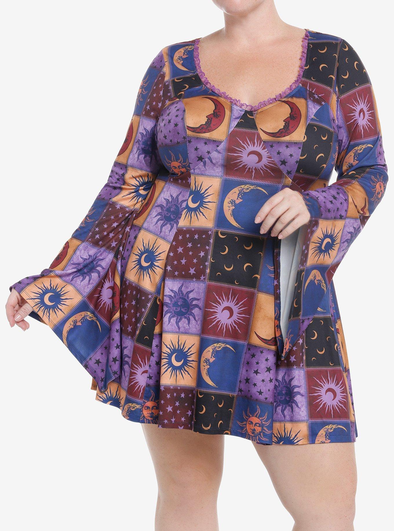 Cosmic Aura Celestial Patchwork Bell Sleeve Dress Plus Size, , hi-res