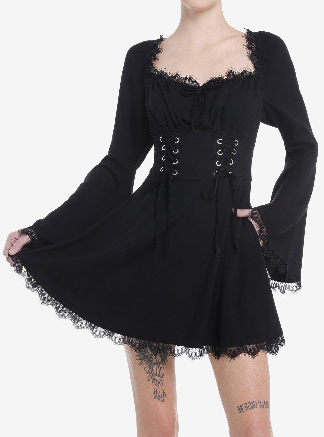 Cosmic Aura Black Lace-Up Bell Sleeve Dress, , hi-res