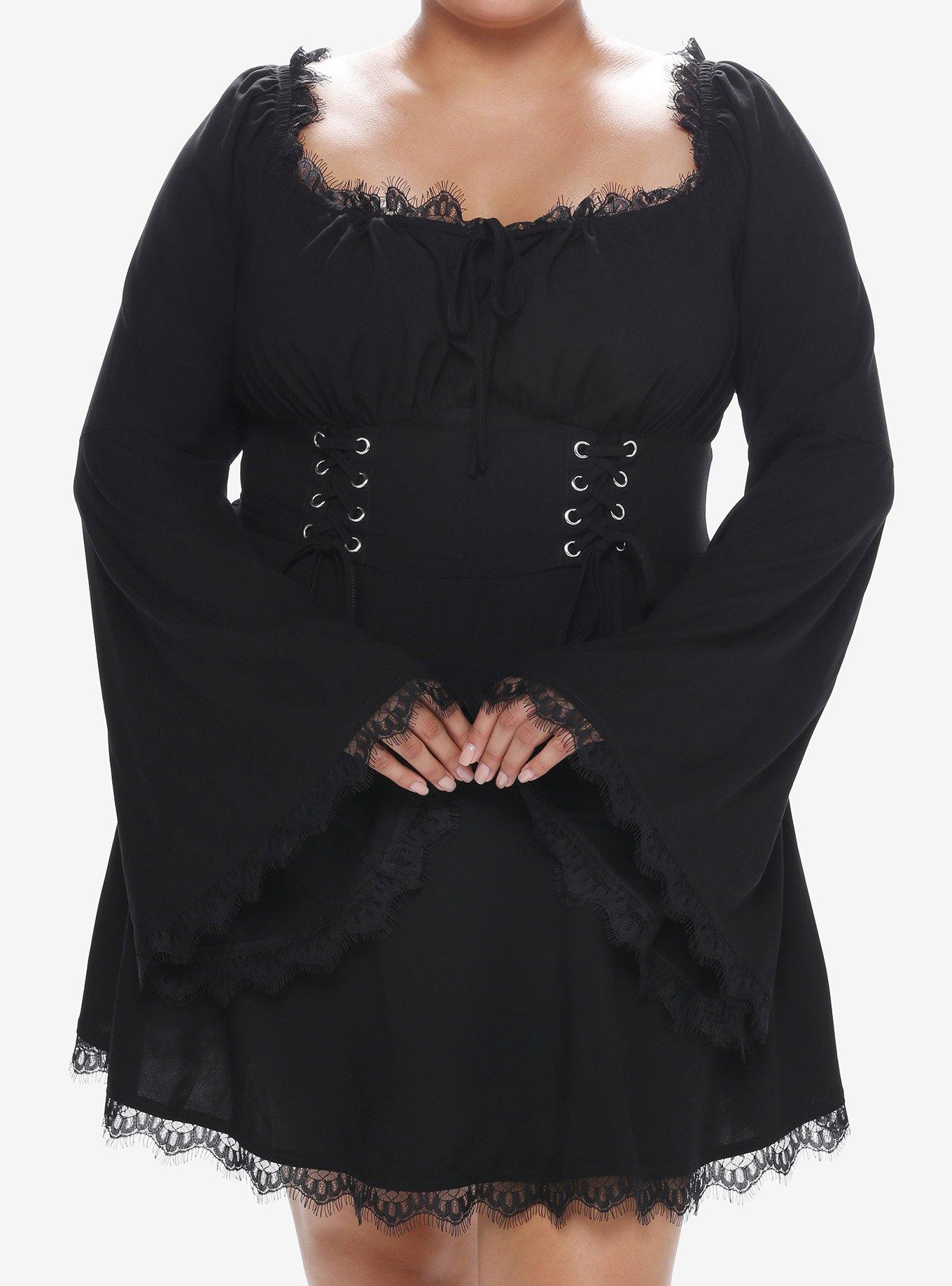 Cosmic Aura Black Lace-Up Bell Sleeve Dress Plus Size | Hot Topic