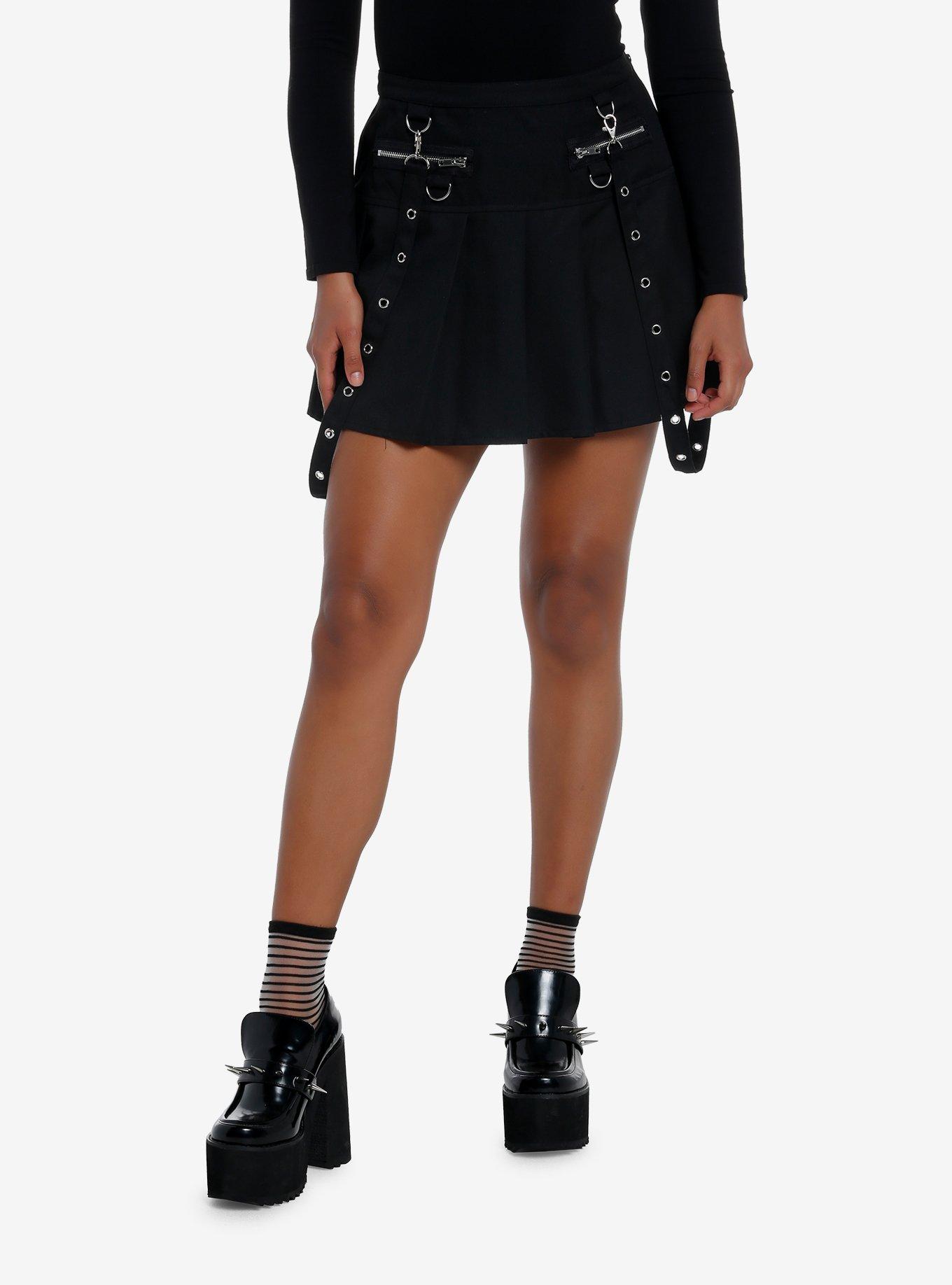Social Collision Black Pleated Grommet Suspender Skirt, BLACK, hi-res