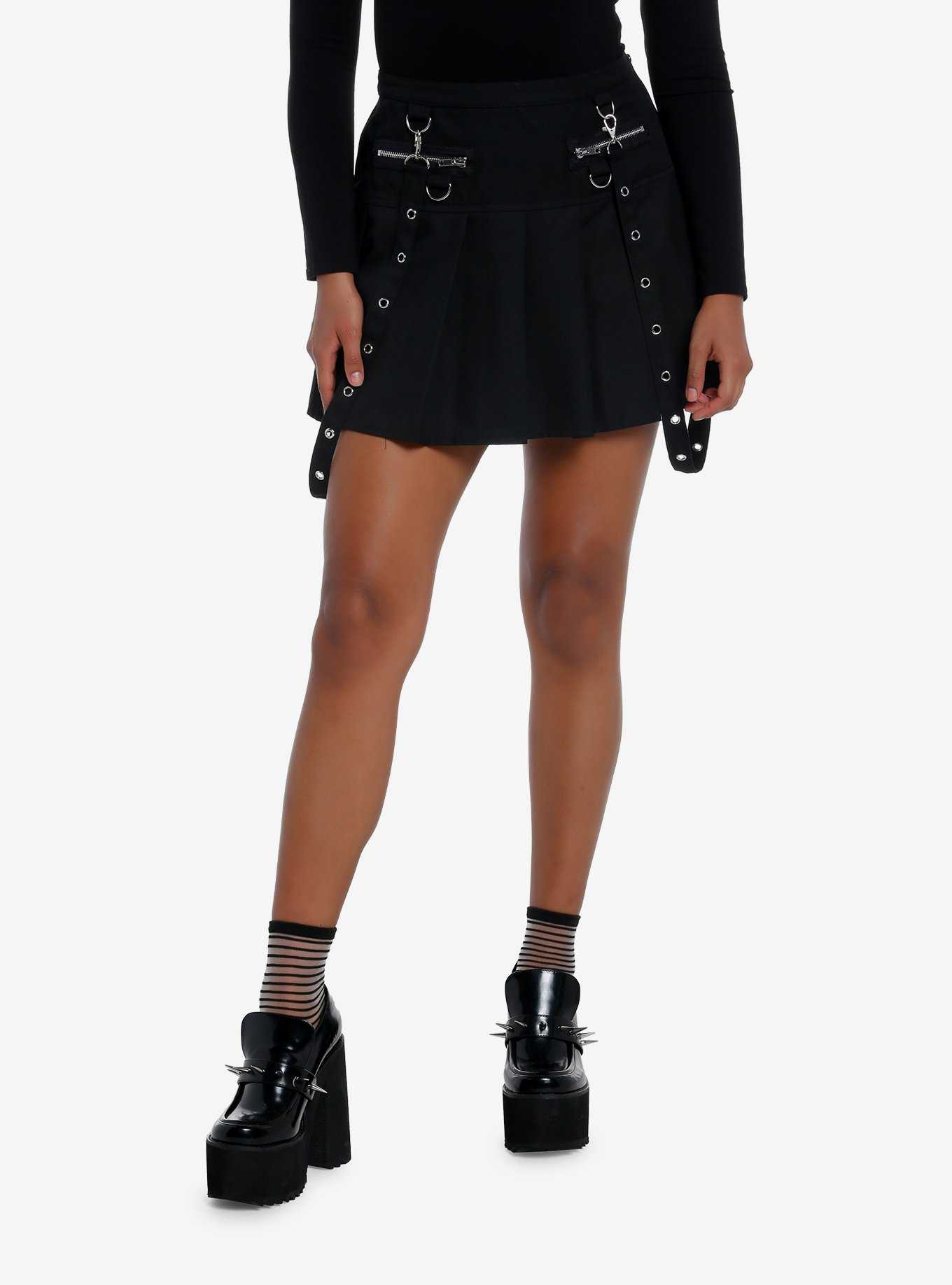 Social Collision Black Pleated Grommet Suspender Skirt, , hi-res