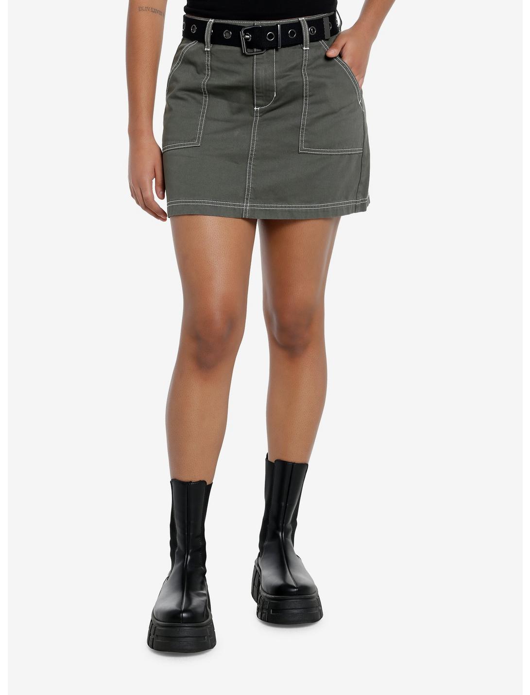 Social Collision Green & Brown Plaid Buckle Mini Skirt, BLACK, hi-res
