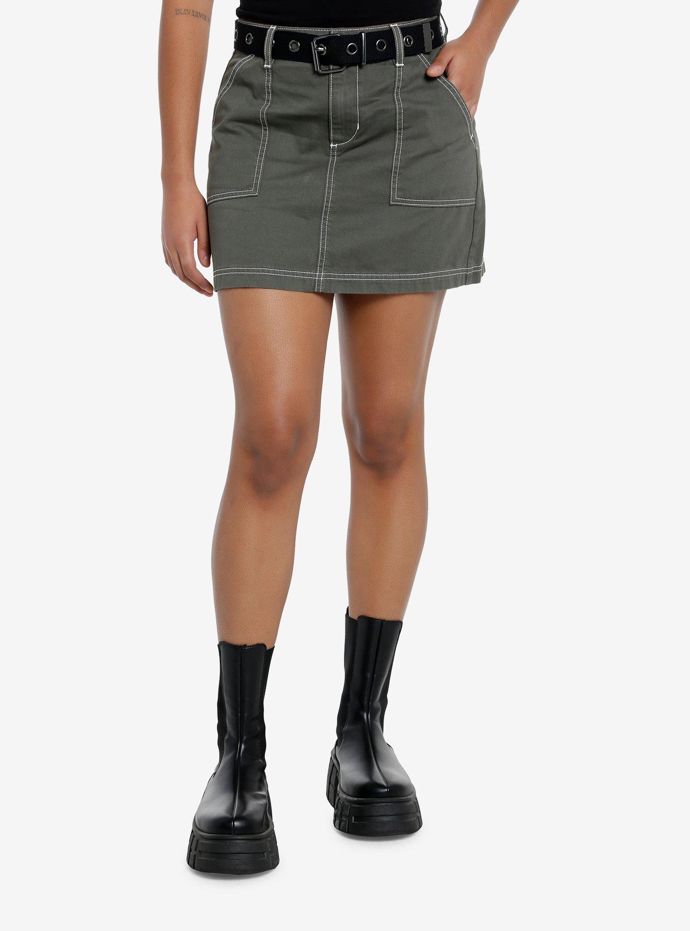 Social Collision Green & Brown Plaid Buckle Mini Skirt, , hi-res