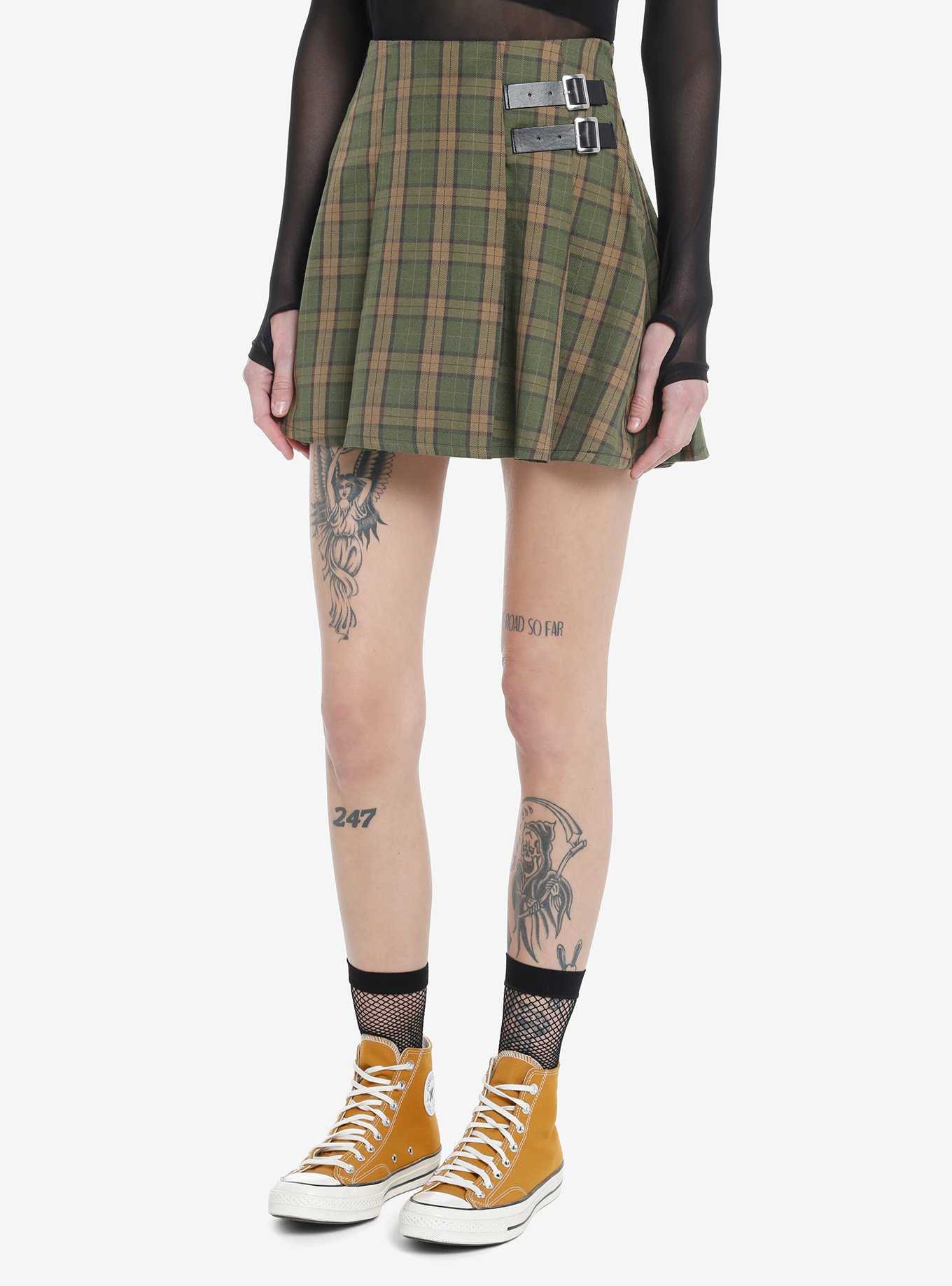Social Collision Green & Brown Plaid Buckle Mini Skirt, , hi-res