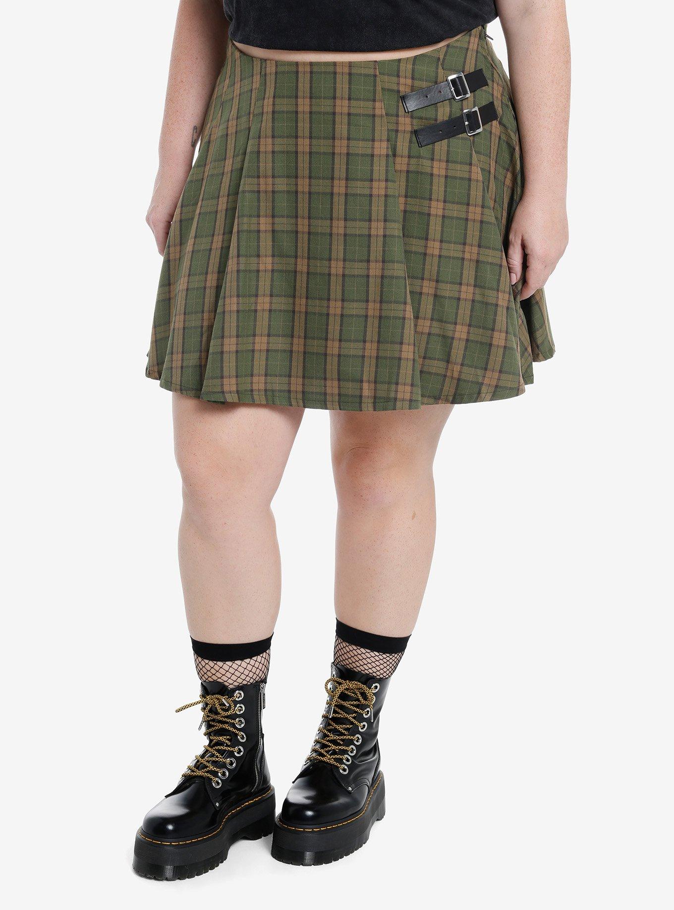 Social Collision Green & Brown Plaid Buckle Mini Skirt Plus Size | Hot ...