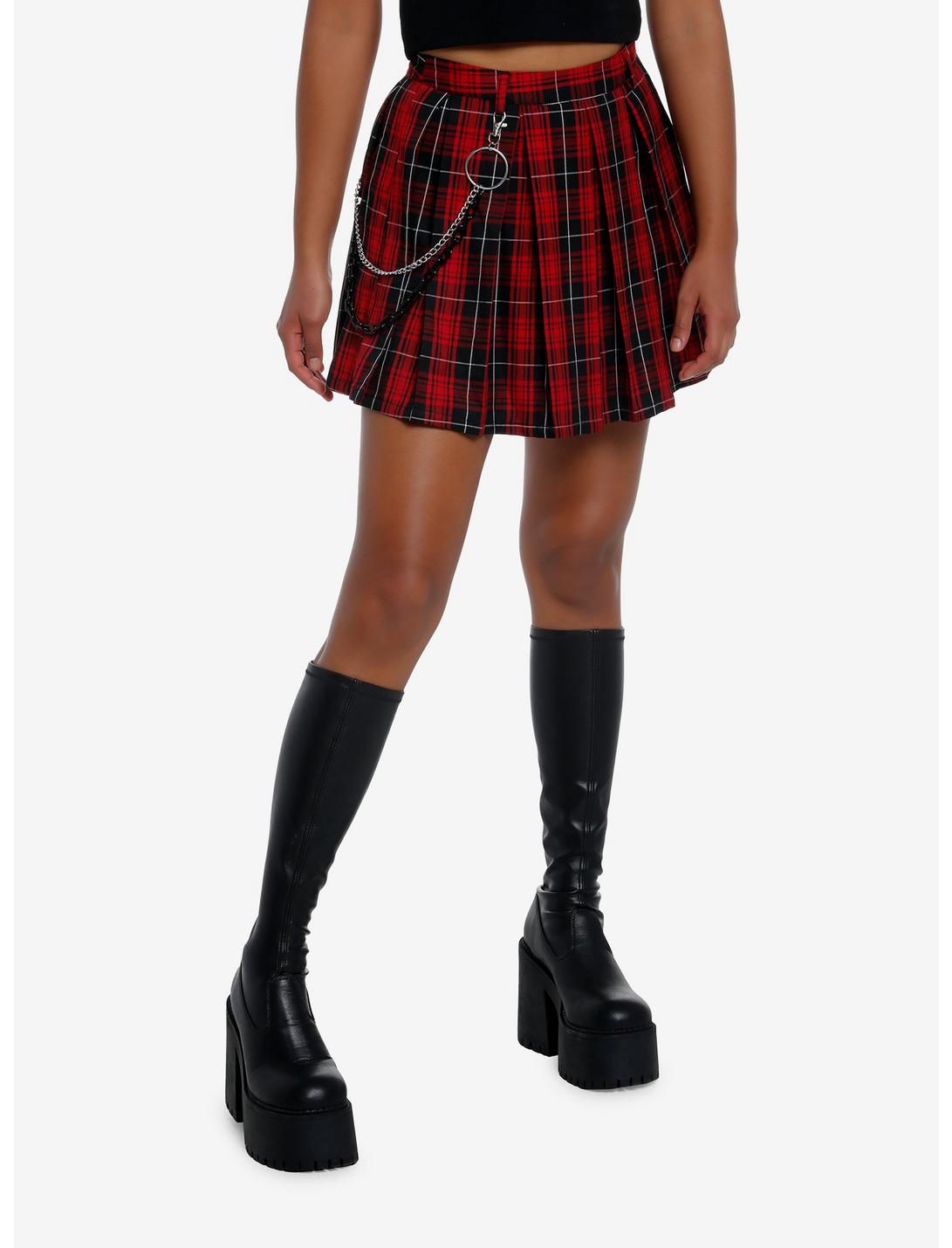 Social Collision Red Plaid Side Chain Pleated Skirt, BLACK, hi-res